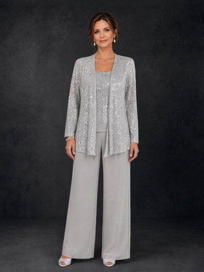 BOLODOO silver gray sequin lace 3-piece pant suit - front full length view
