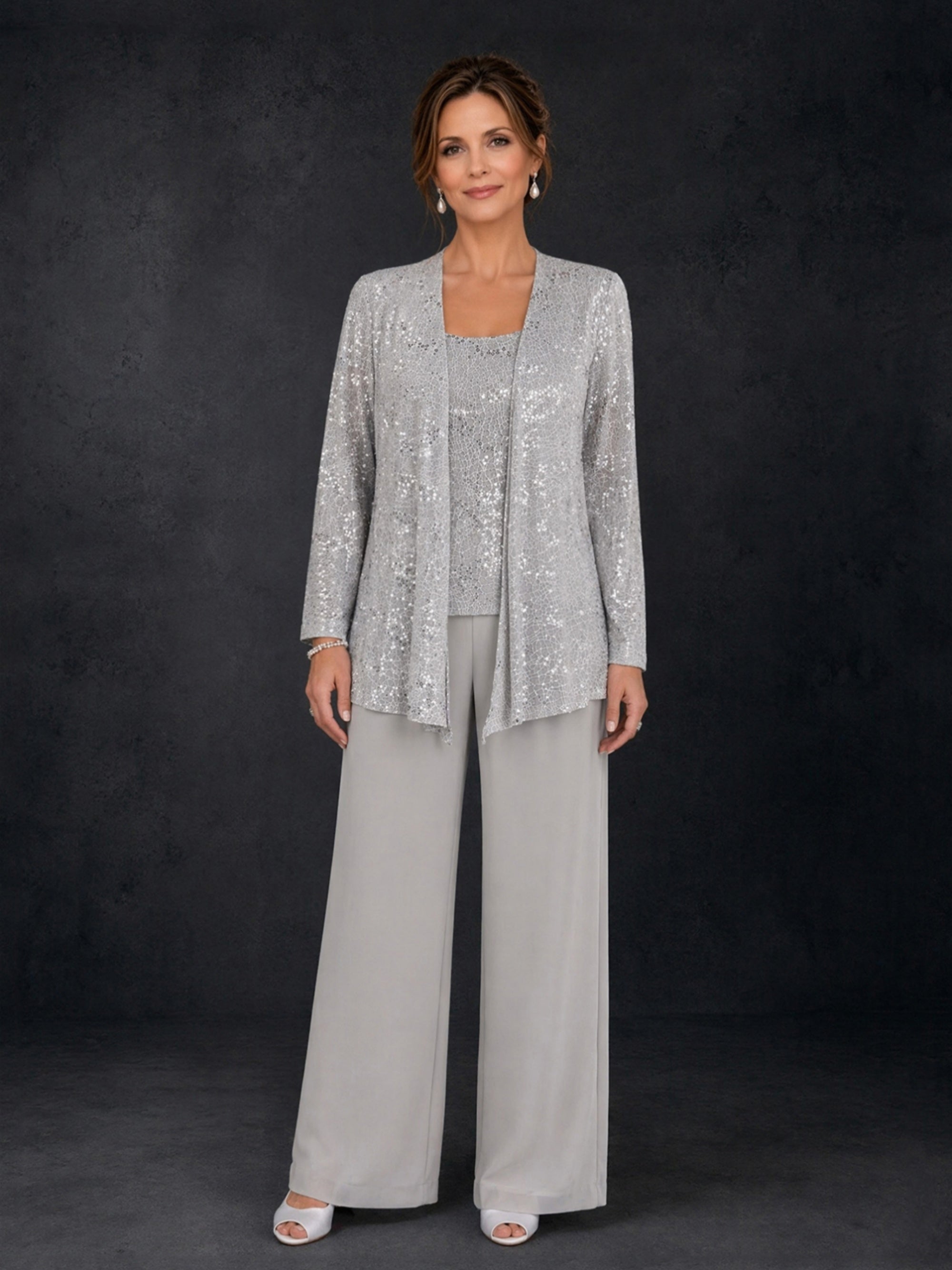 BOLODOO silver gray sequin lace 3-piece pant suit - front full length view