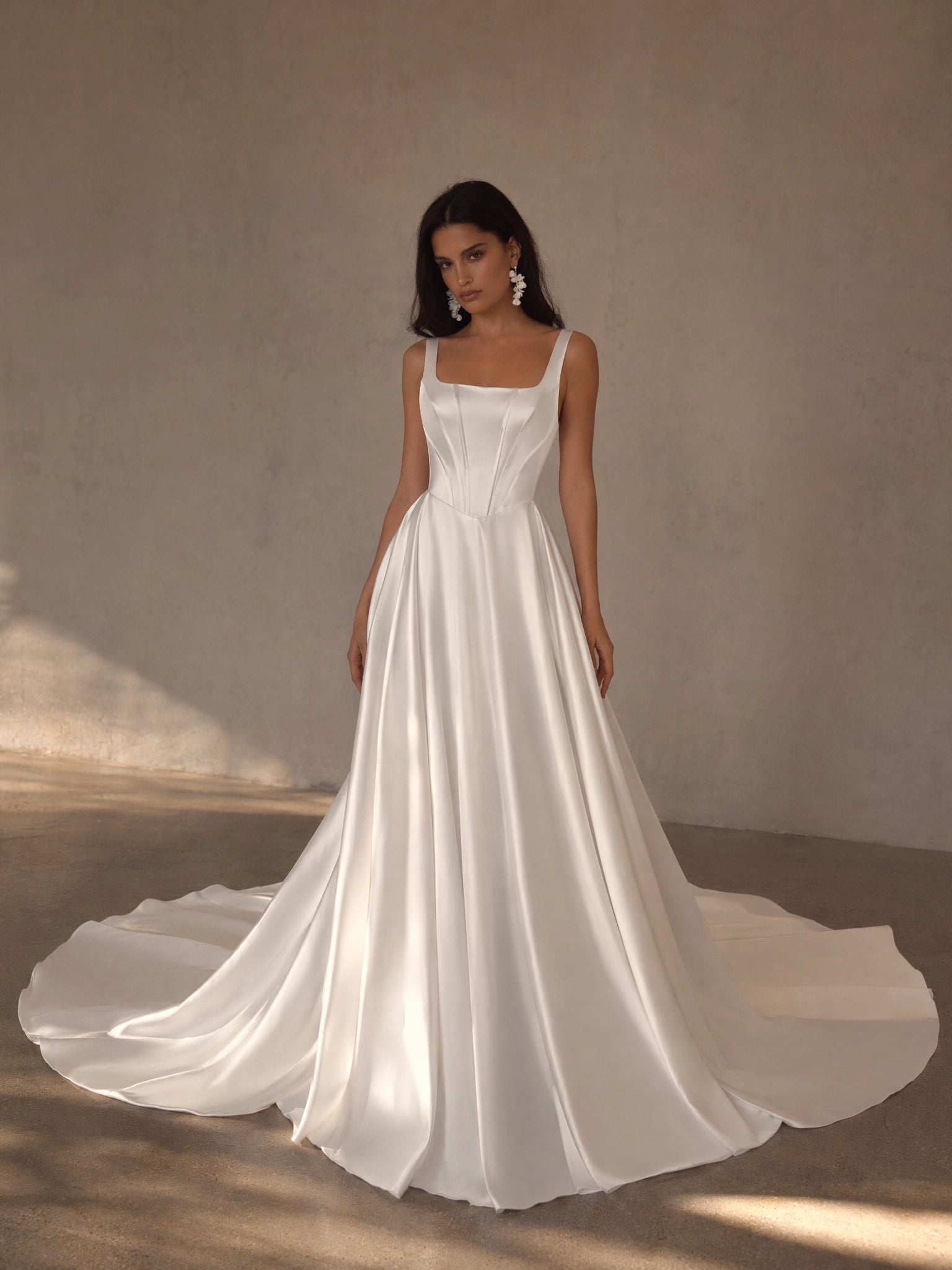 BOLODOO Ivory Square Neck Wide Strap Boned Corset Satin A-Line Wedding Gown - full front view with train