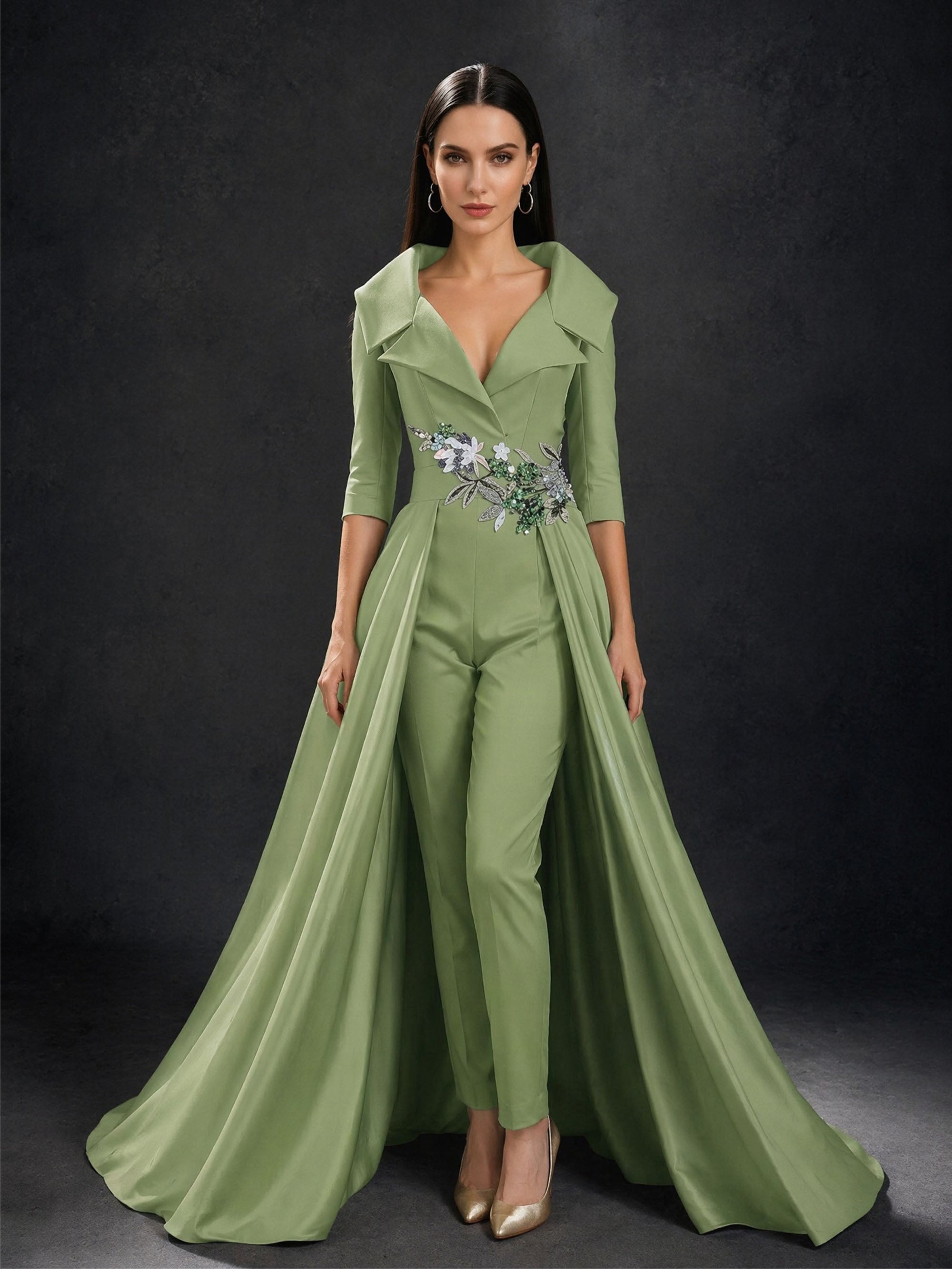 BOLODOO Olive Green Satin Jumpsuit with Detachable Overskirt Train – Front View Full Length