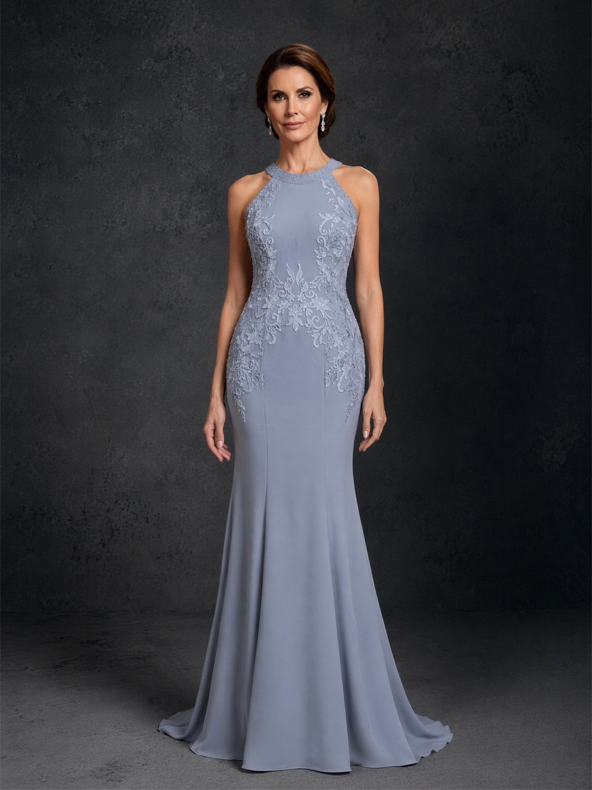 BOLODOO Steel Blue Lace Applique Halter Neck Mermaid Maxi Dress - Front Full Length View with Flowing Skirt