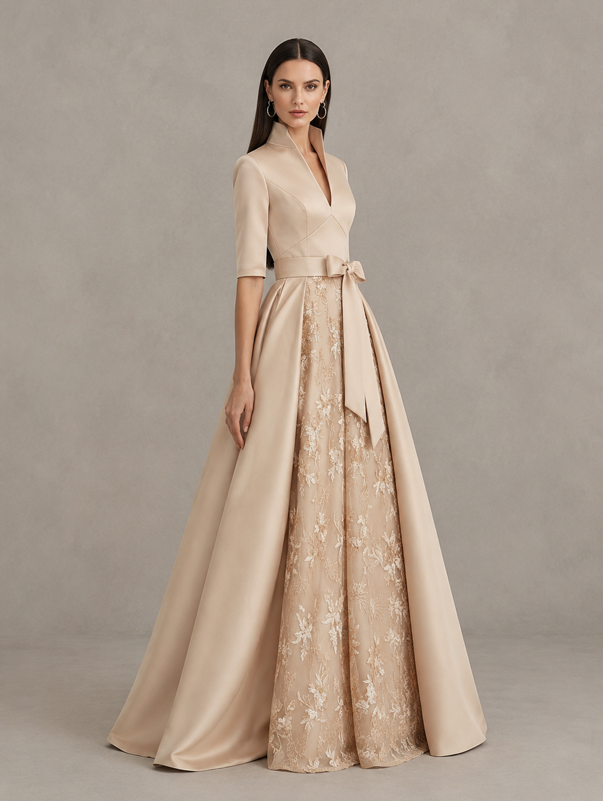 BOLODOO Champagne Stand Collar Bow Waist Floral Embroidered Evening Gown 