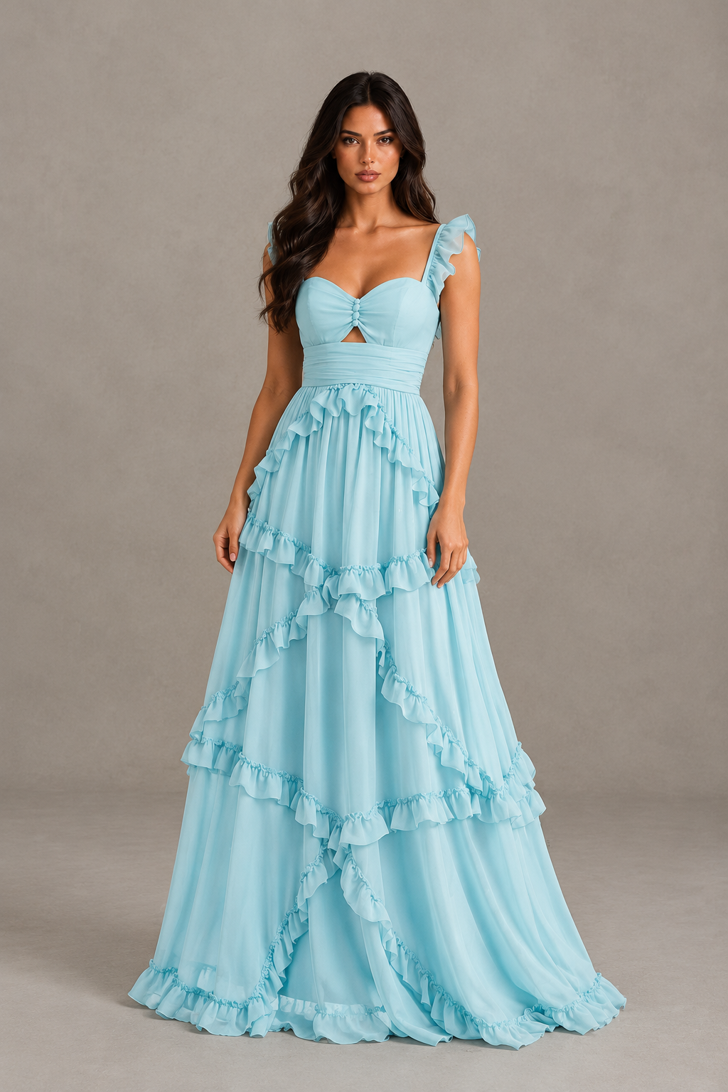 BOLODOO Light Blue Ruffle A-Line Prom Dress with Open Back 