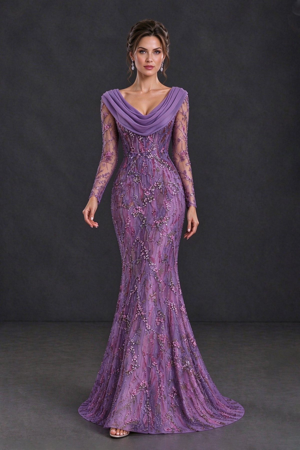 BOLODOO purple mermaid mother of the bride gown with illusion sleeves, walking front view