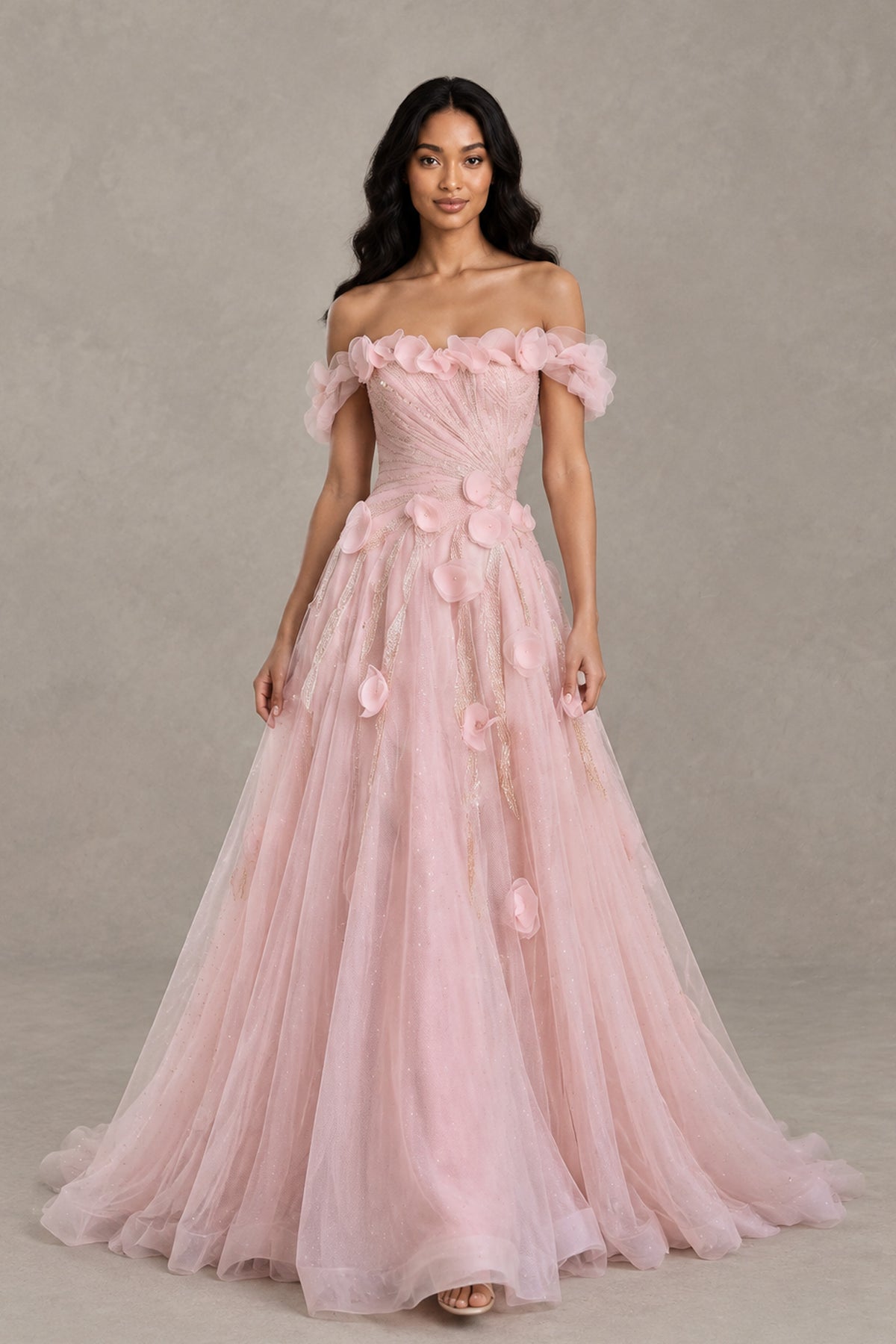 Front view of BOLODOO XX066 pink evening gown showing ruched bodice, petal trim and flowing skirt
