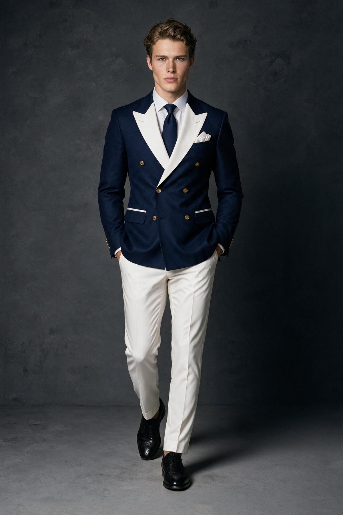 BOLODOO Men's Navy Blue 2-Piece Suit Set – Back view showing jacket construction and trouser fit