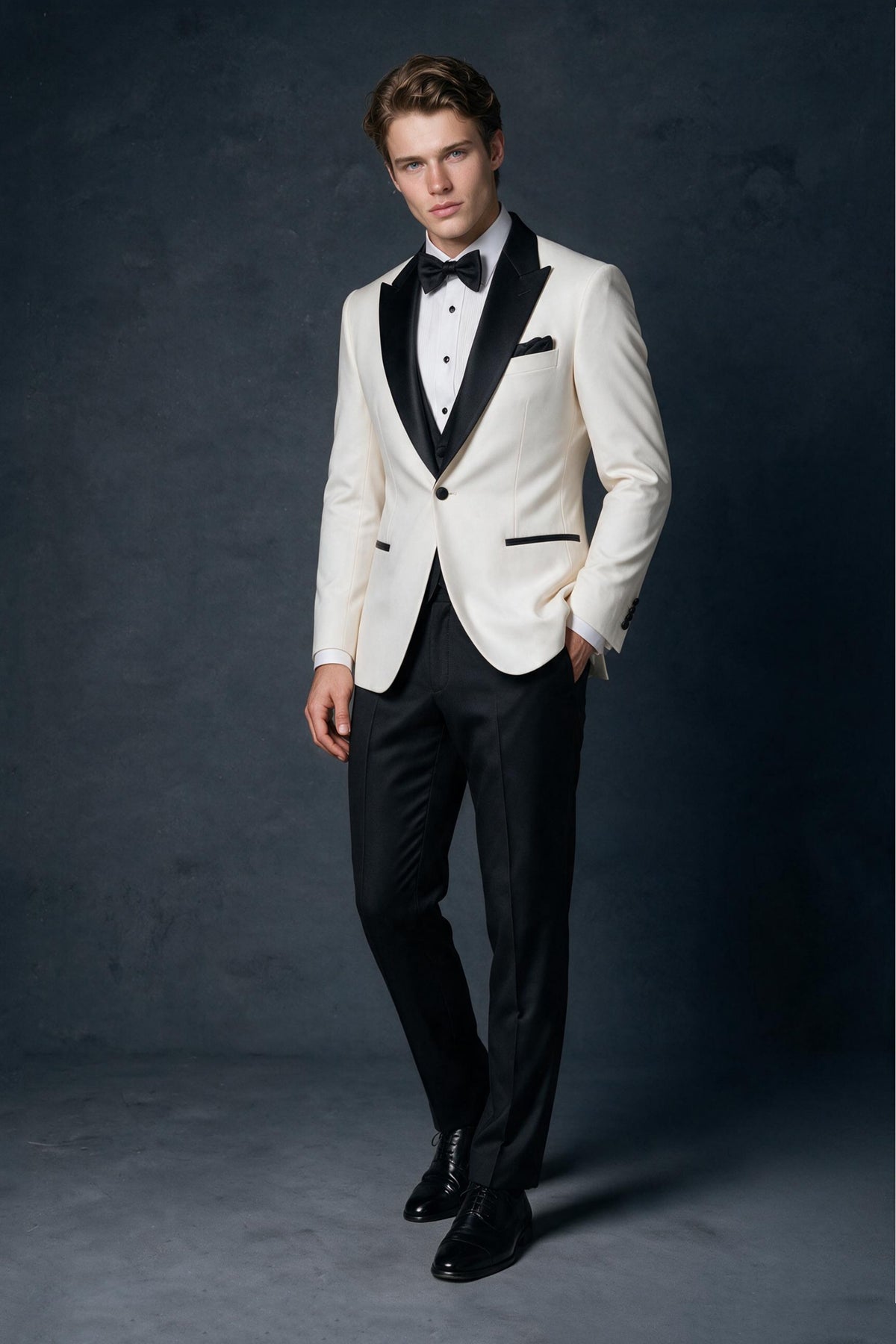 BOLODOO Men's Ivory 2-Piece Tuxedo Suit Set – Front relaxed pose showing full silhouette