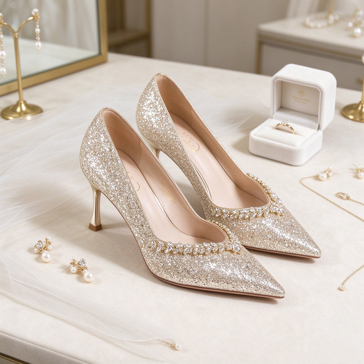 BOLODOO EE0010 champagne gold pointed-toe occasion pumps with slim metallic-look heels, styled pair view