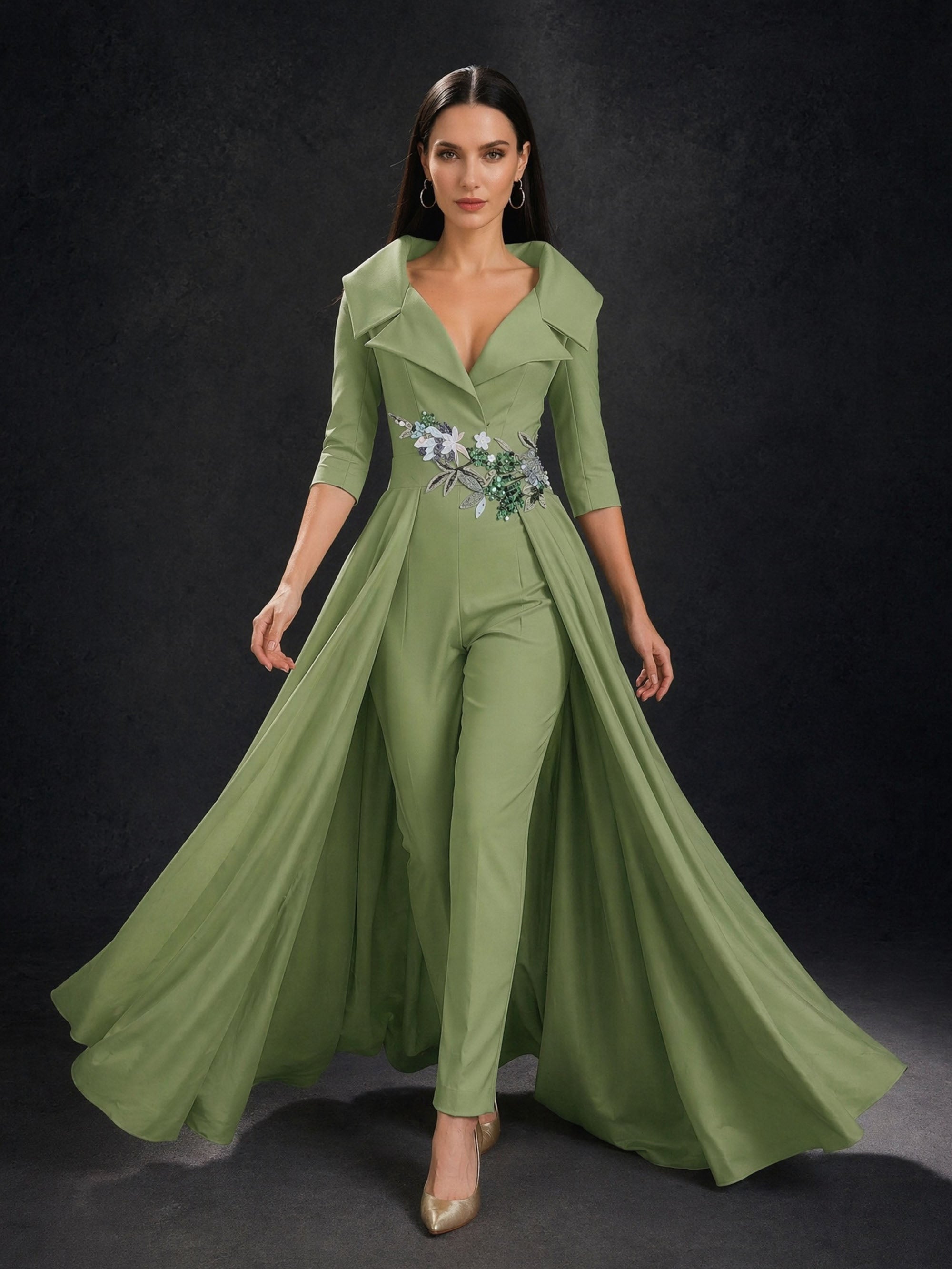 BOLODOO Olive Green Satin Jumpsuit with Detachable Overskirt Train – Front View with Flowing Train