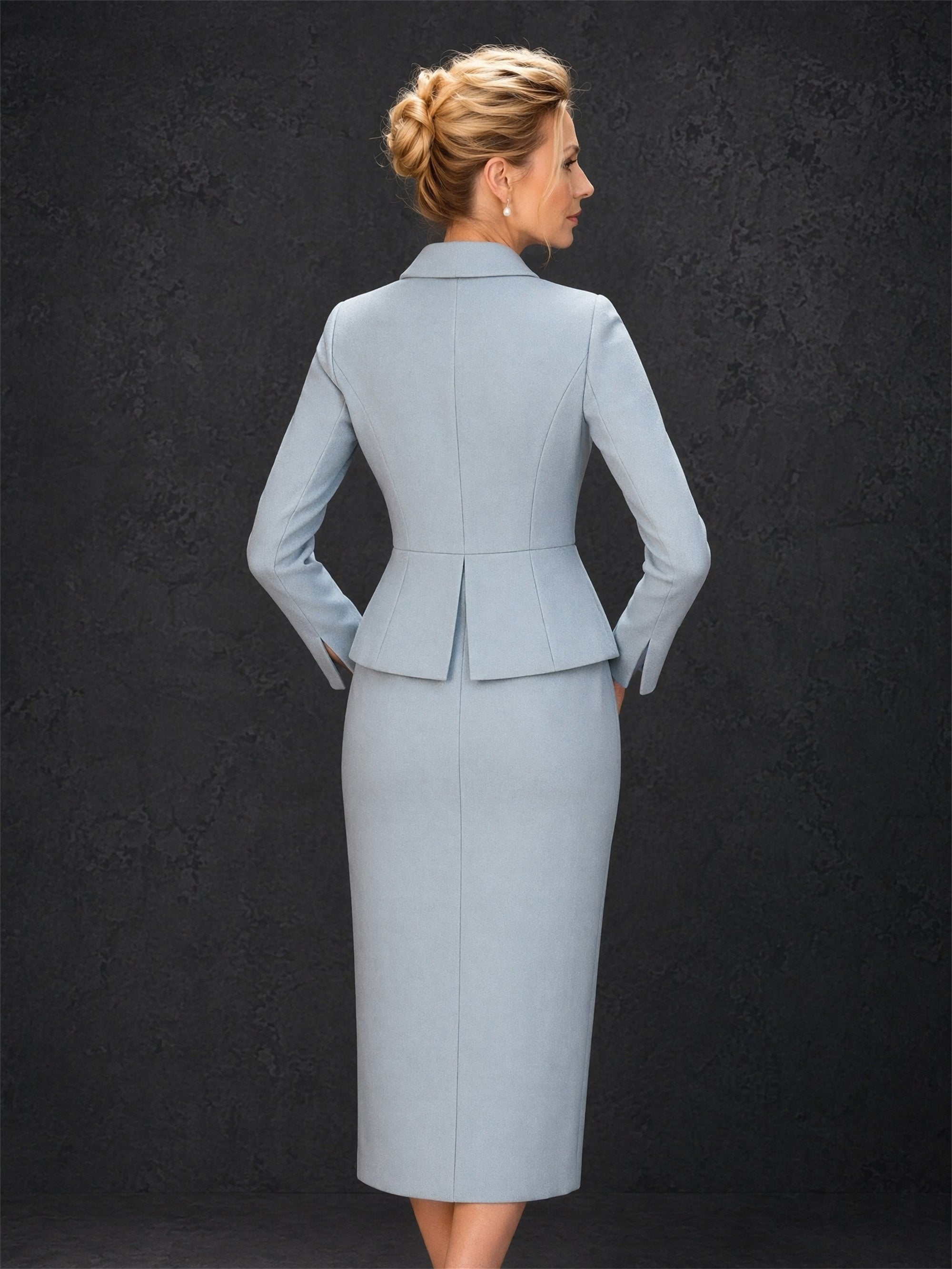 BOLODOO ice blue long sleeve peplum jacket and midi pencil skirt suit - front full length smiling walking pose