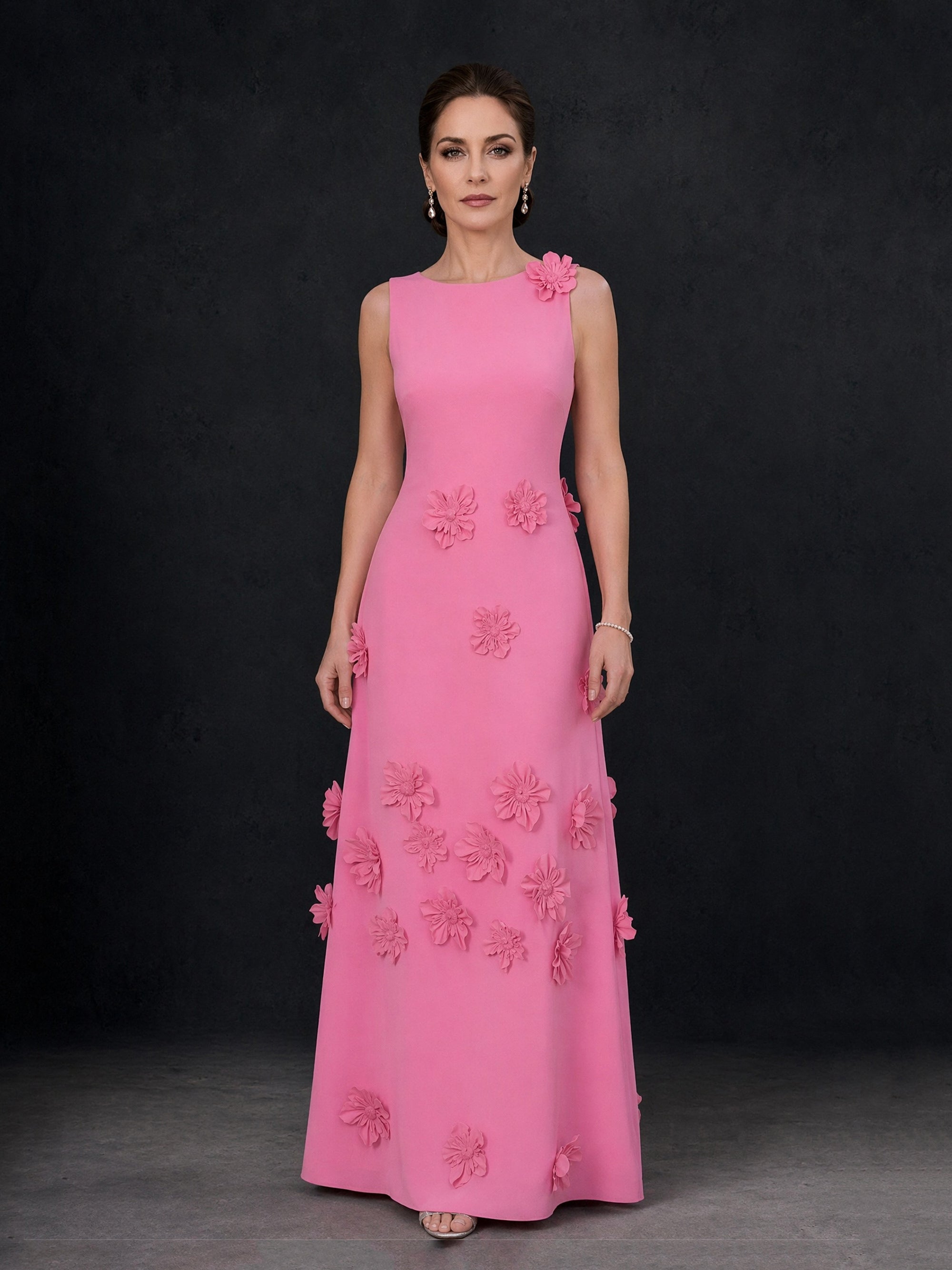 BOLODOO pink 3D floral appliqué sleeveless maxi dress - back view showing V-back and zip