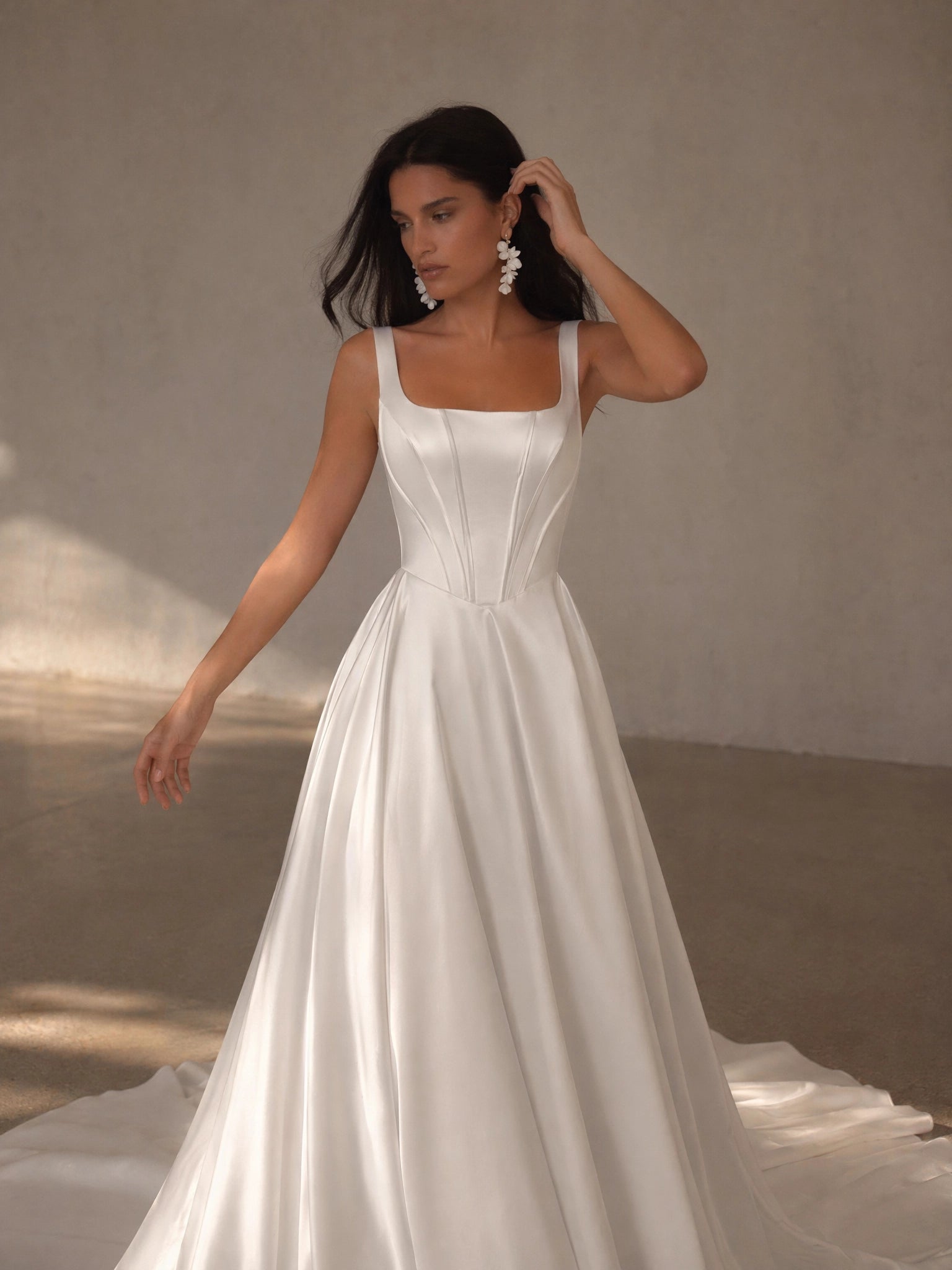 BOLODOO Ivory Square Neck Wide Strap Boned Corset Satin A-Line Wedding Gown - front bodice close-up corset detail