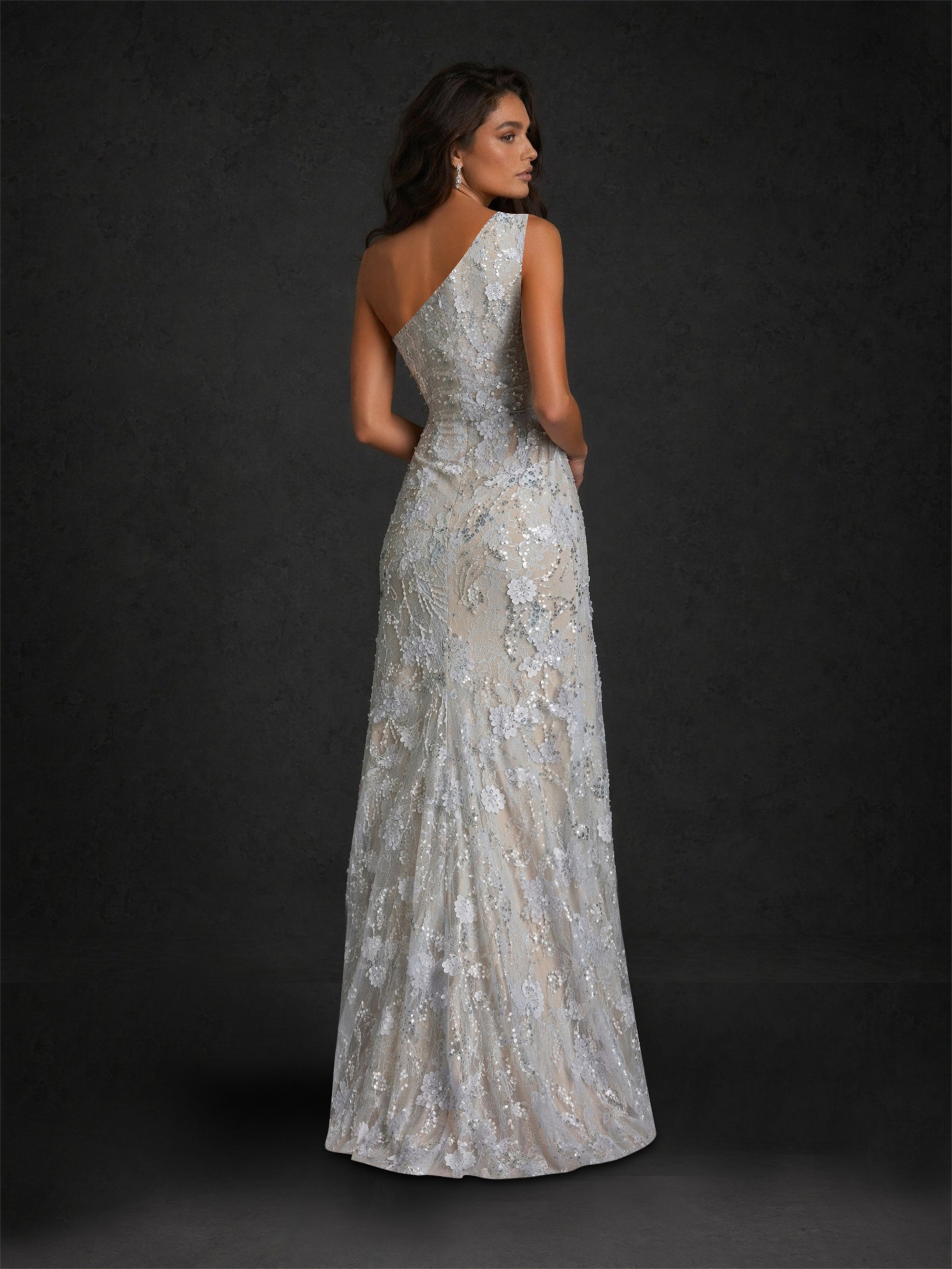 BOLODOO silver one-shoulder 3D floral sequin maxi gown - back view showing open back design and full floor length sequin embroidered skirt