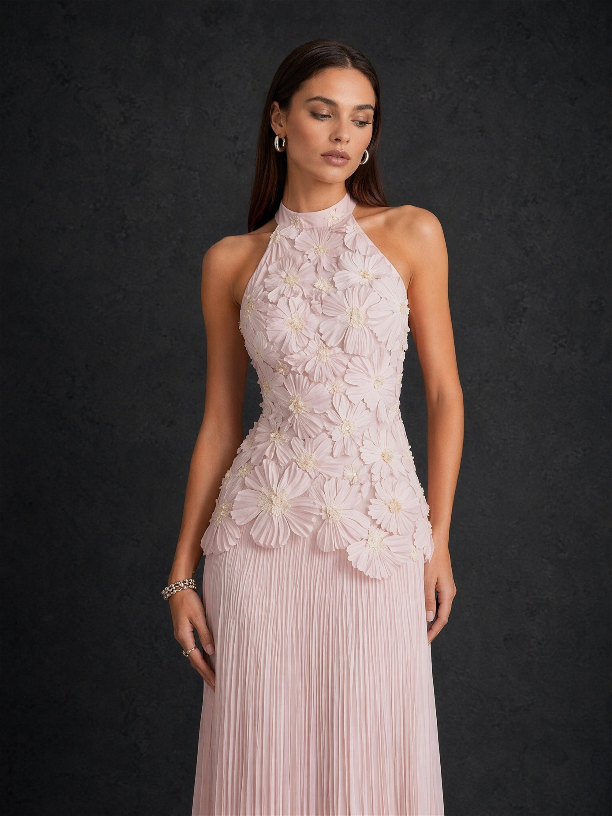 BOLODOO Blush Pink 3D Floral Halter Neck Pleated Maxi Dress - Front View with Flowing Skirt