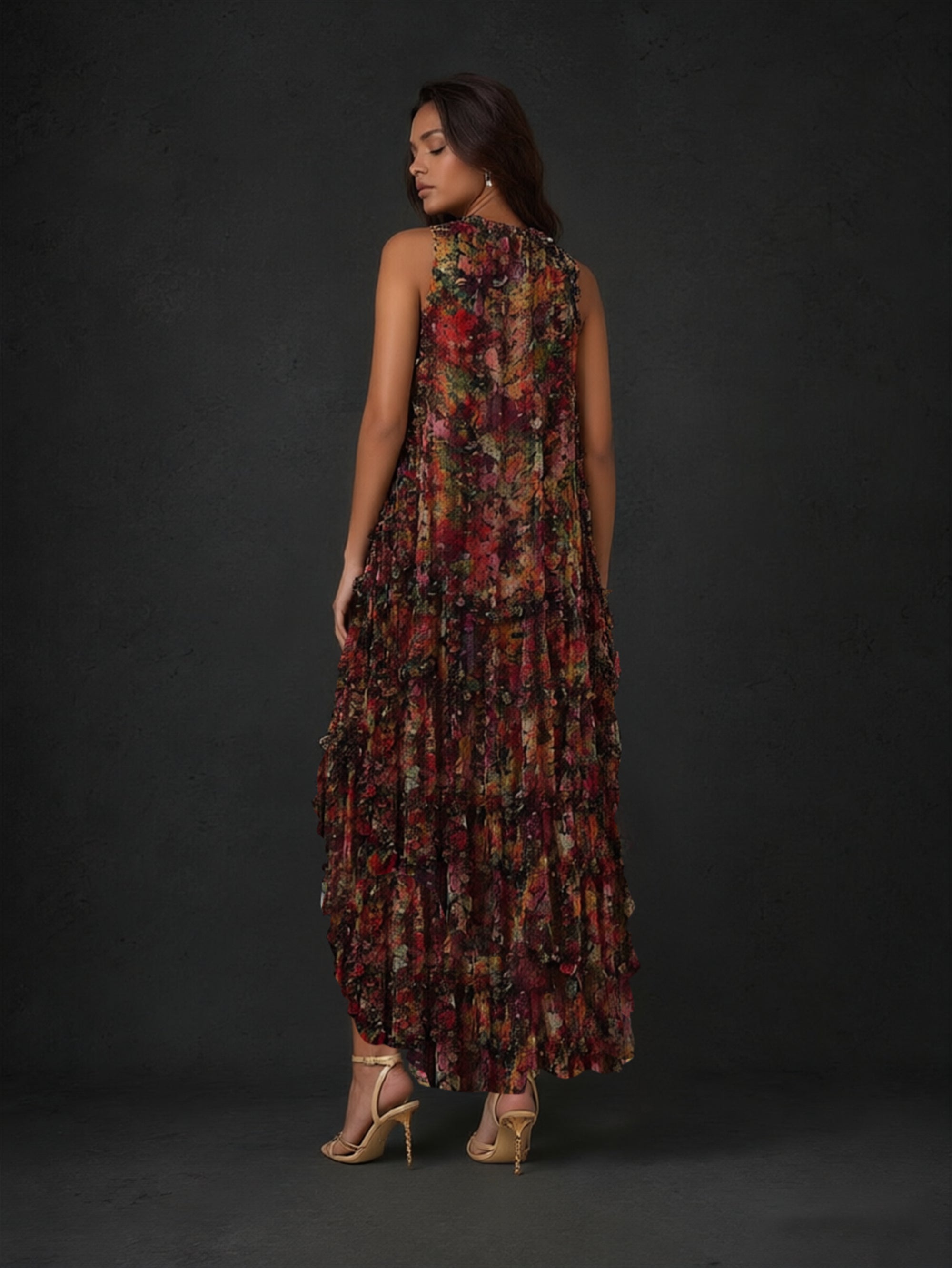 BOLODOO burgundy multicolor floral pleated chiffon hi-lo dress - back view showing high mock neck coverage and trailing hi-lo hem