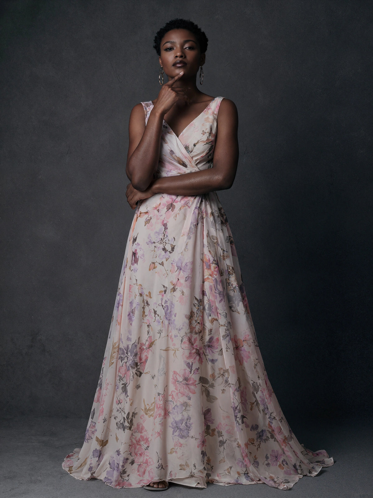 BOLODOO Blush Floral Chiffon V-Neck Wrap Ruched Backless Maxi Dress maxi dress
