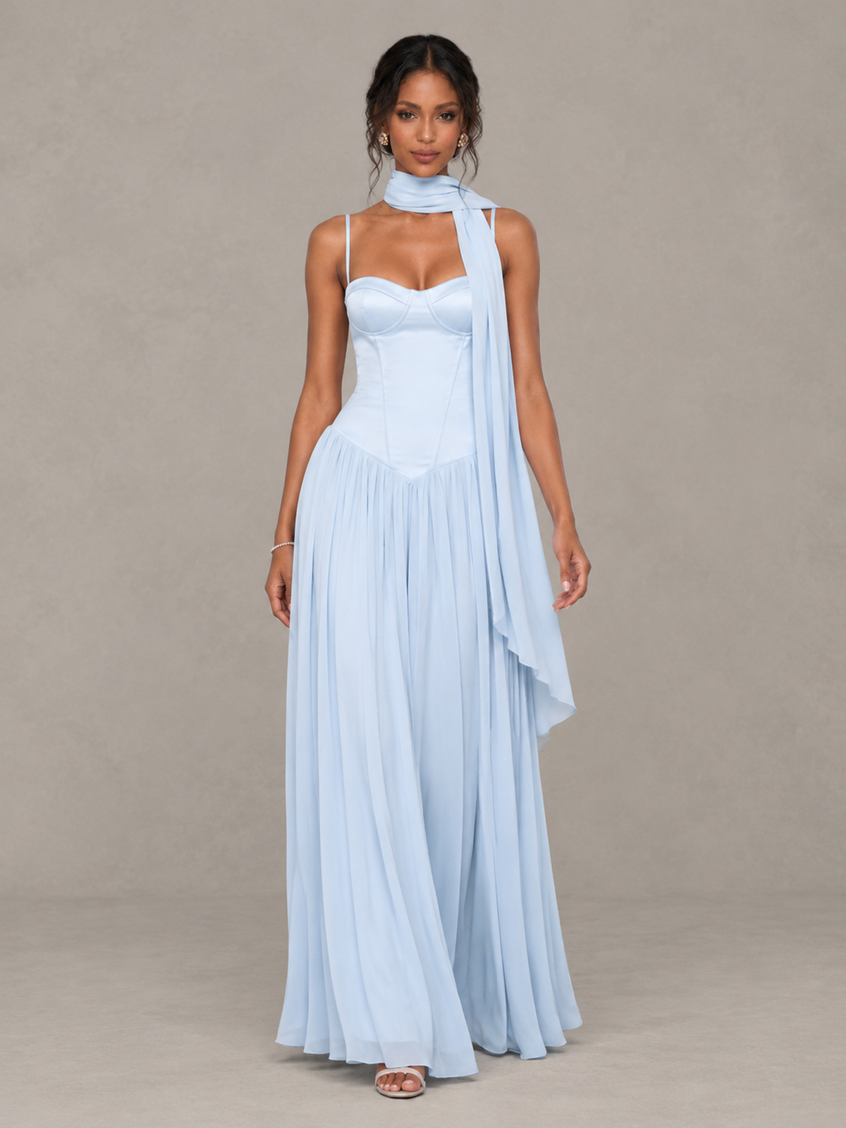 BOLODOO Light Blue Corset Bridesmaid Dress with Scarf 