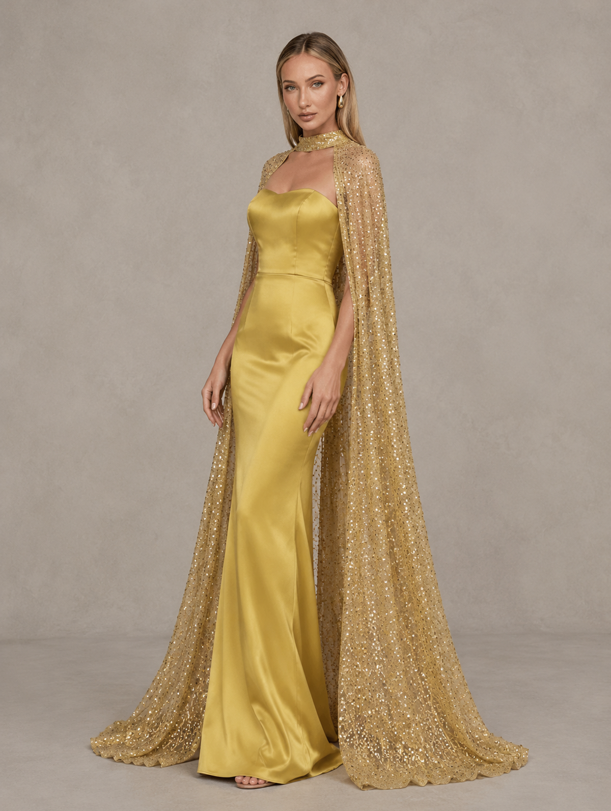 BOLODOO Gold Strapless Satin-Look Evening Gown with Sequin Cape 
