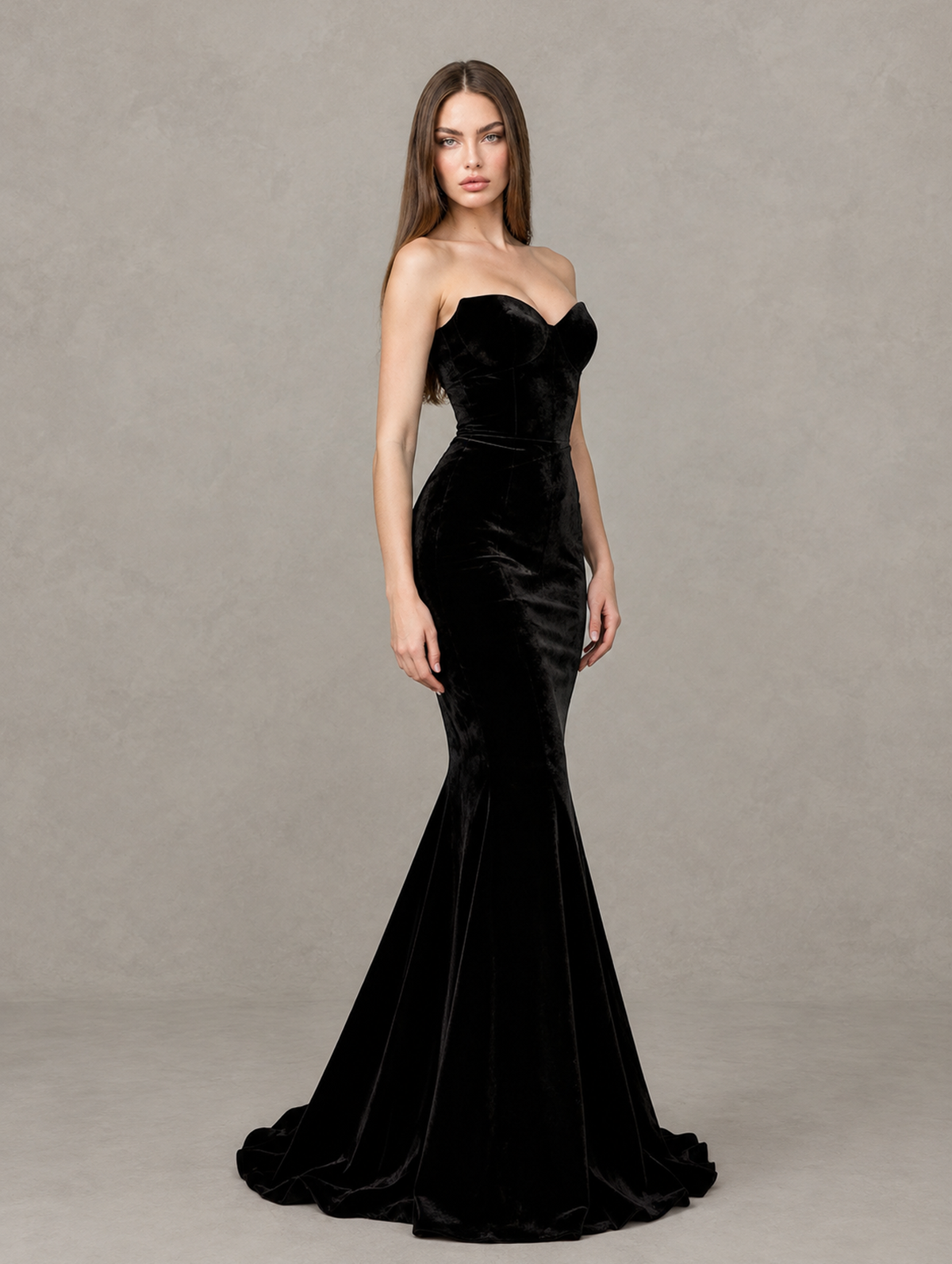 BOLODOO Black Strapless Sweetheart Velvet-Look Mermaid Evening Dress 