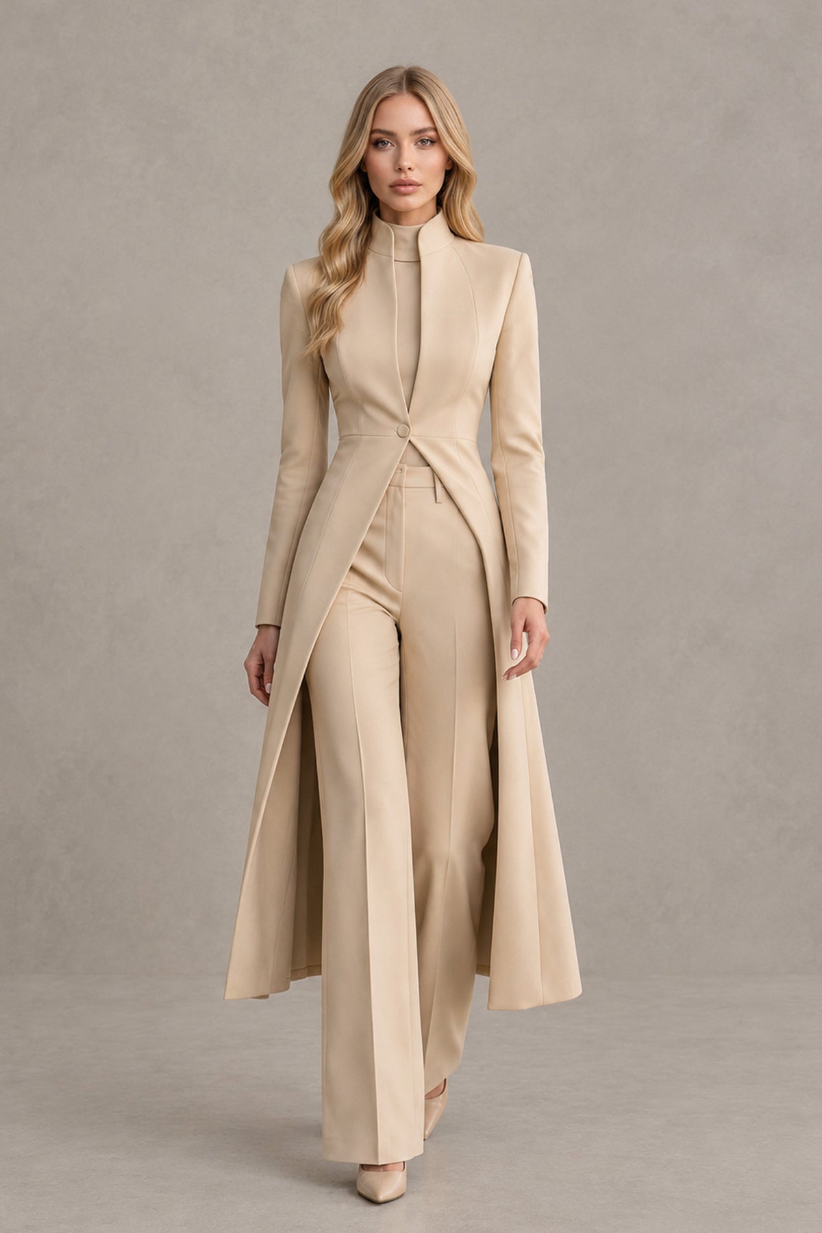 BOLODOO XX049 beige wide-leg pantsuit with open-front longline jacket, walking front view