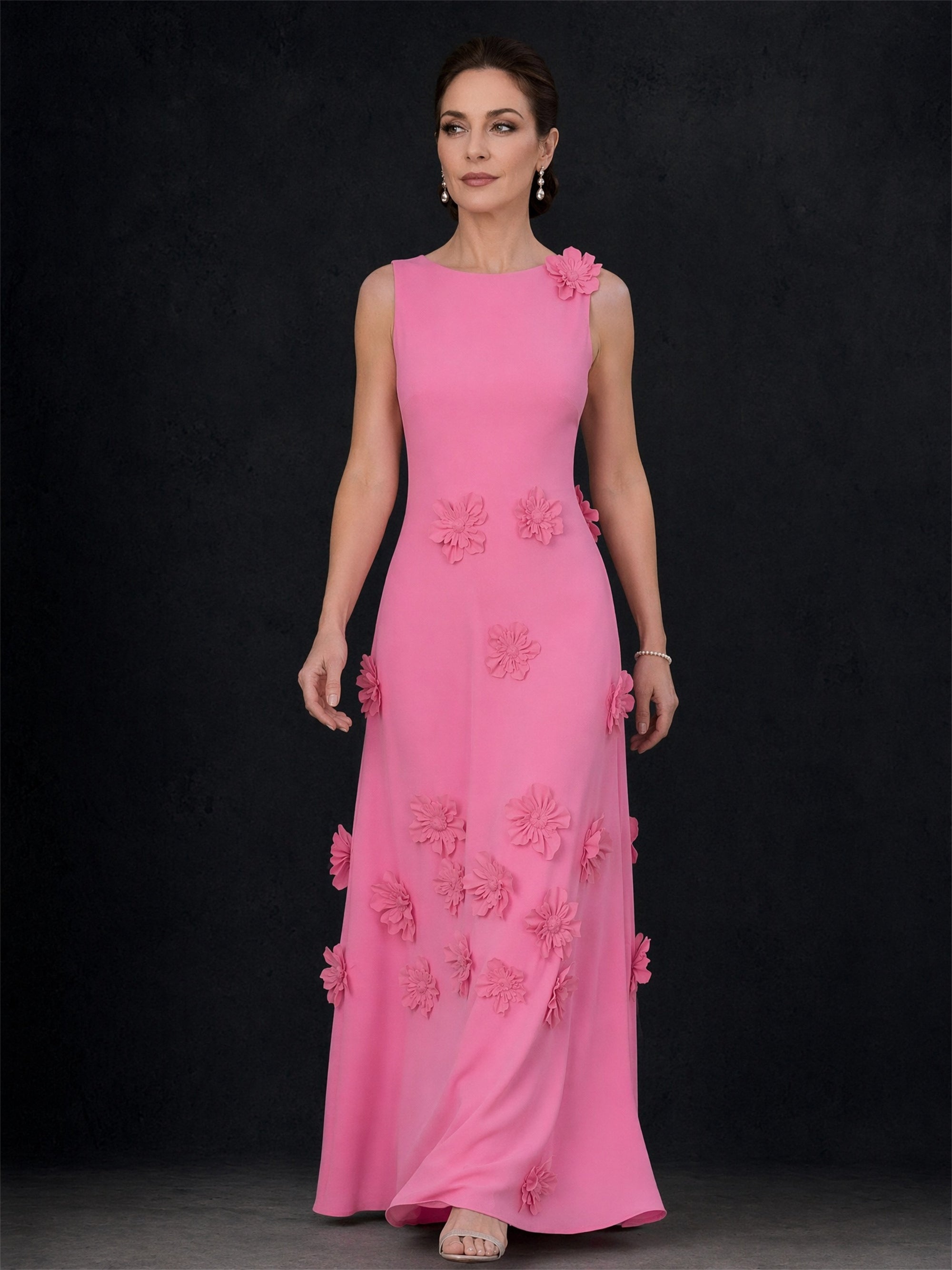 BOLODOO pink 3D floral appliqué sleeveless maxi dress - full length front view