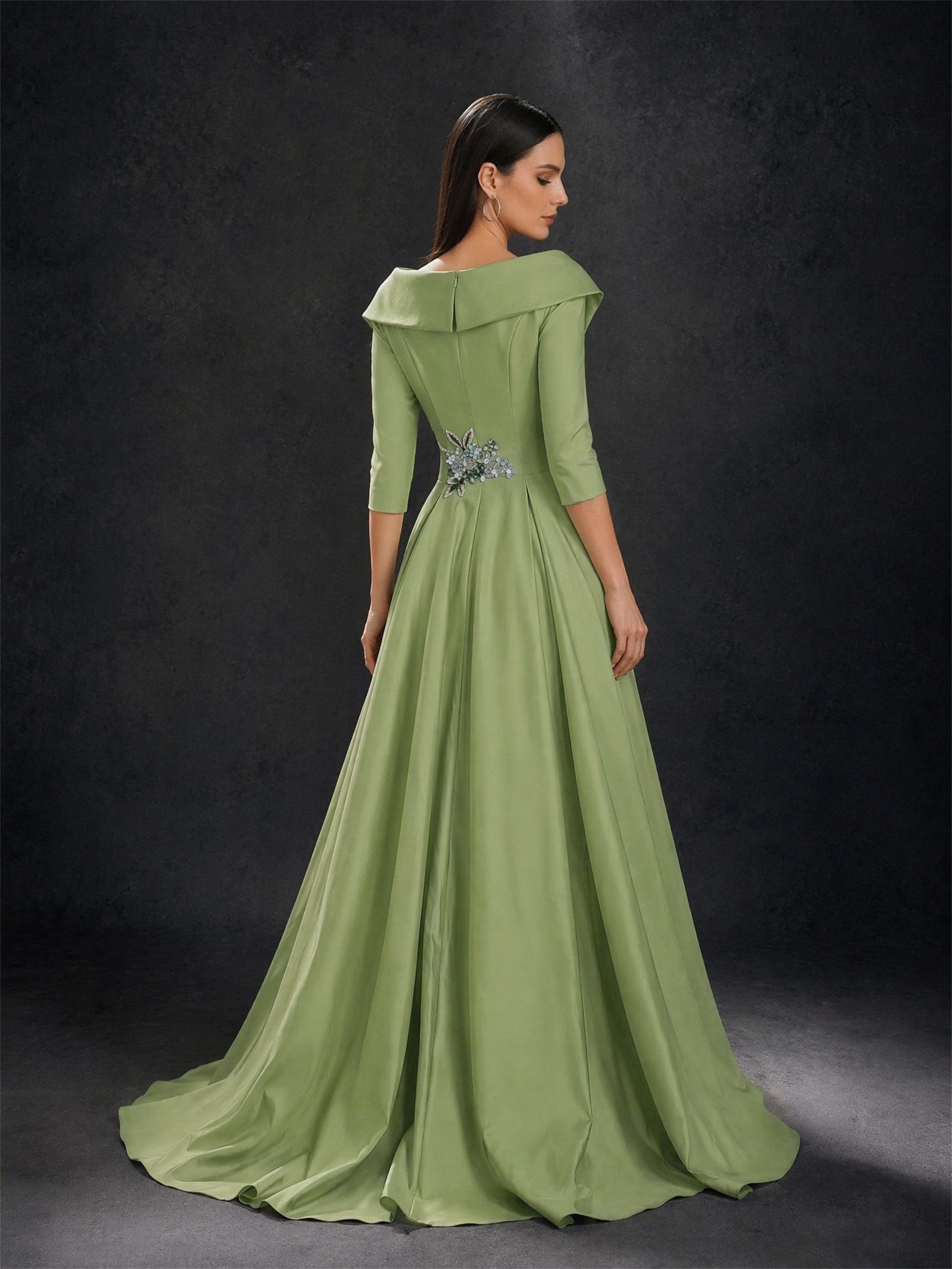 BOLODOO Olive Green Satin Jumpsuit with Detachable Overskirt Train – Back View Showing Train