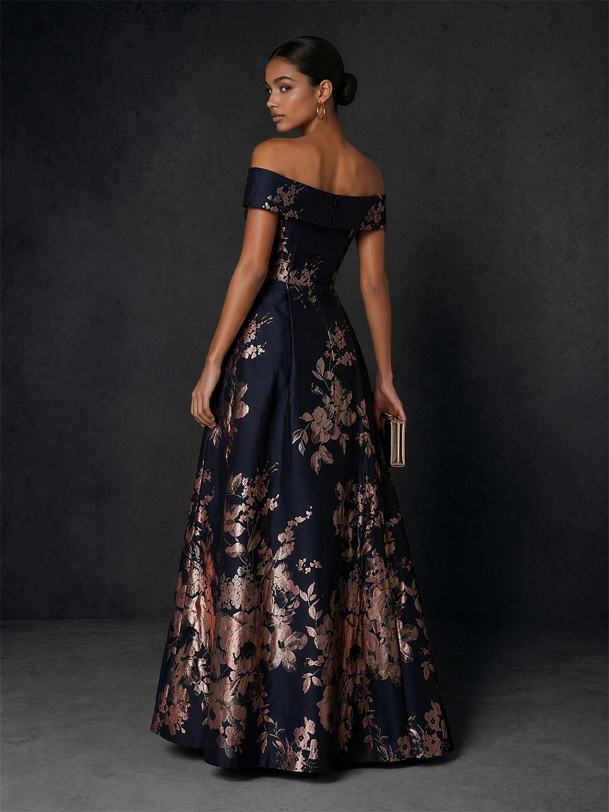 BOLODOO navy off-shoulder jacquard ball gown - back view showing structured back, concealed zipper and full A-line brocade skirt