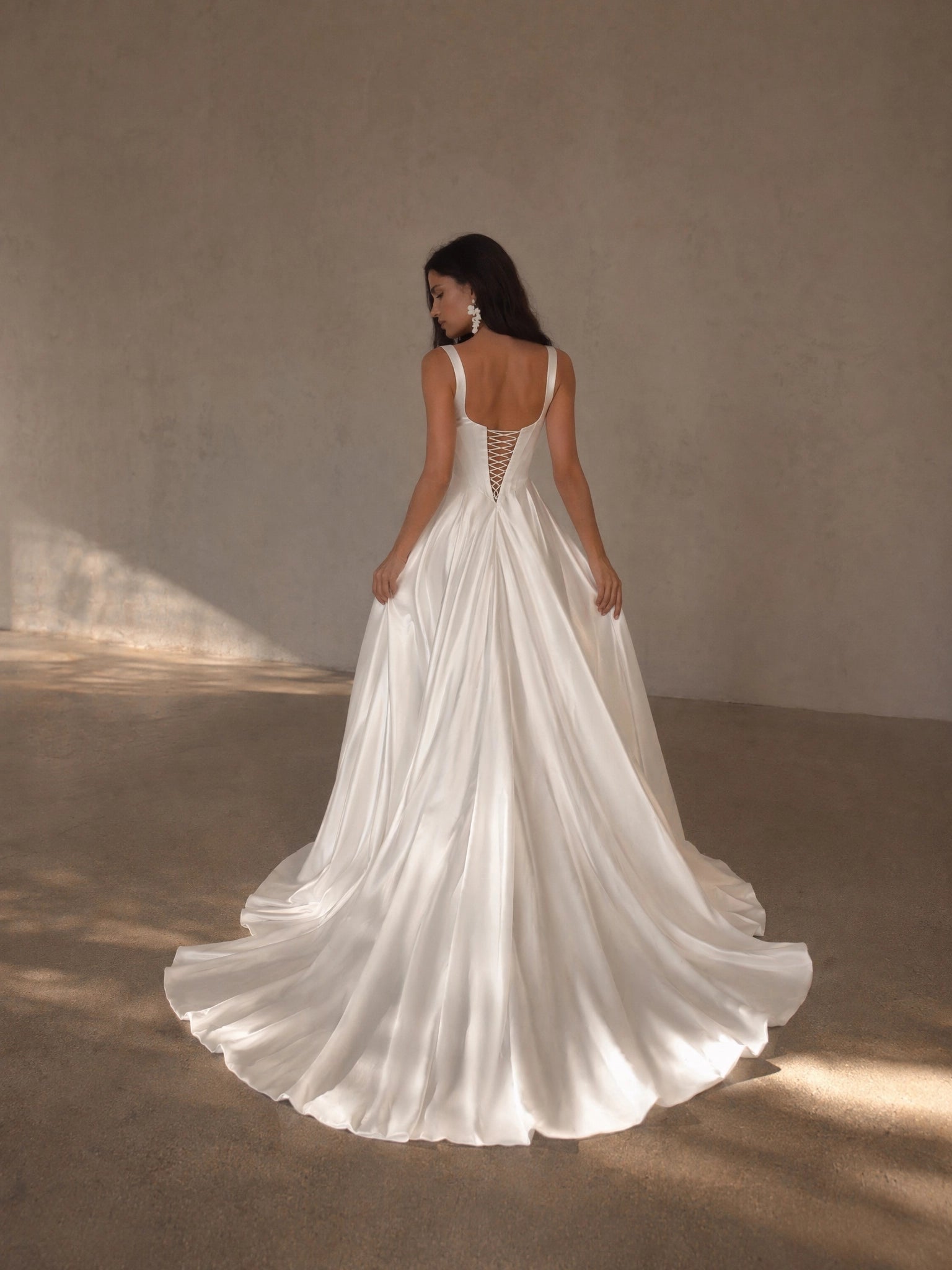 BOLODOO Ivory Square Neck Wide Strap Boned Corset Satin A-Line Wedding Gown - back view lace-up open back with train