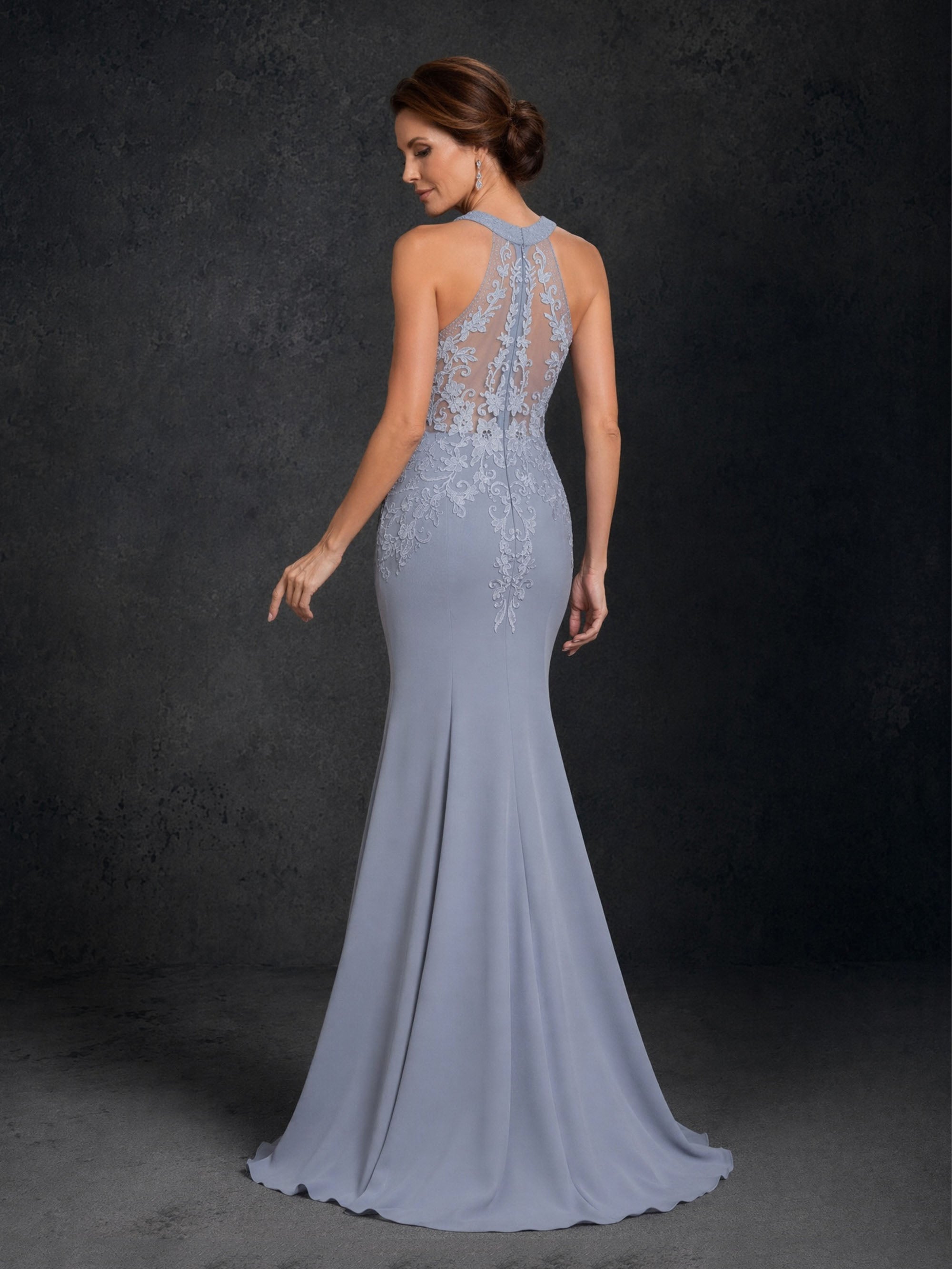 BOLODOO Steel Blue Lace Applique Halter Neck Mermaid Maxi Dress - Front Three Quarter View