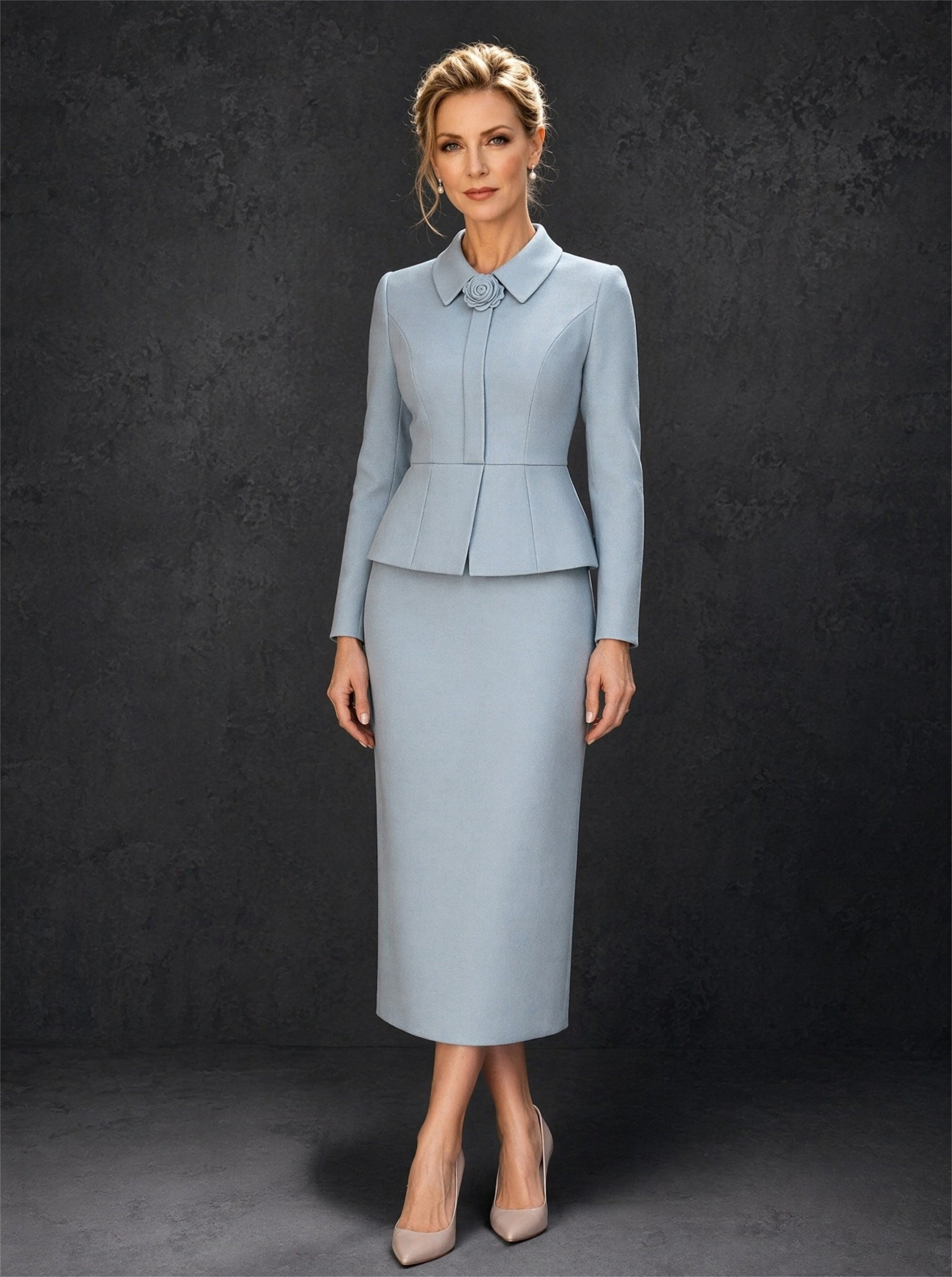 BOLODOO ice blue long sleeve peplum jacket and midi pencil skirt suit - back view showing peplum jacket structure and pencil skirt silhouette