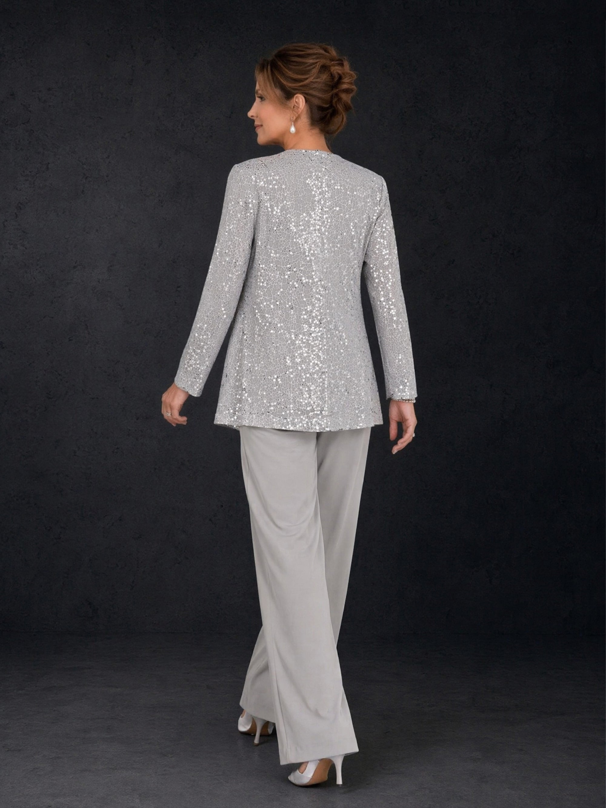 BOLODOO silver gray sequin lace 3-piece pant suit - close up jacket and top detail