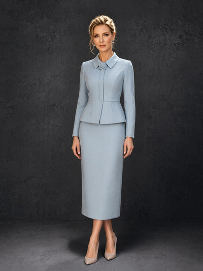 BOLODOO Dusty Blue Long Sleeve Peplum Jacket & Midi Pencil Skirt Suit – Mother of the Bride Two-Piece Set