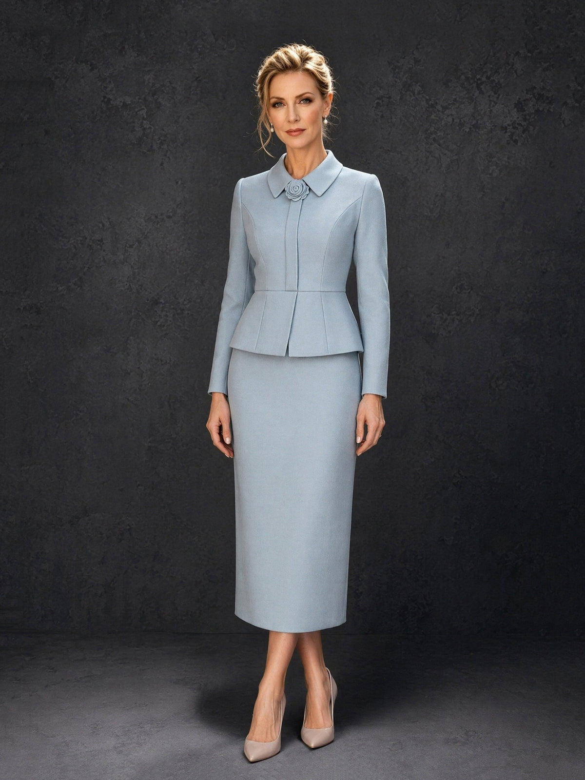 BOLODOO Dusty Blue Long Sleeve Peplum Jacket & Midi Pencil Skirt Suit – Mother of the Bride Two-Piece Set