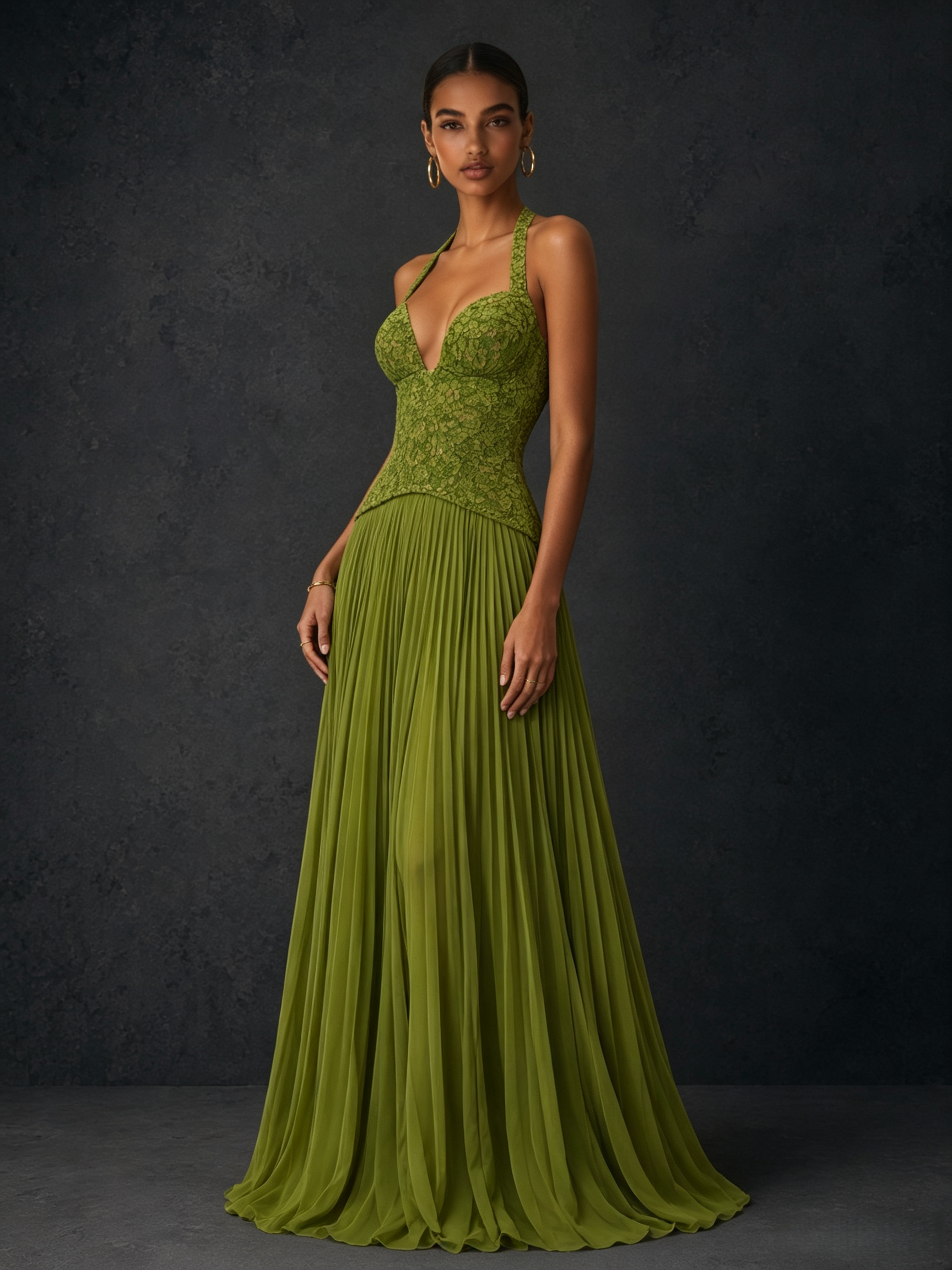 BOLODOO Olive Green Lace Corset Deep V Halter Pleated Chiffon Maxi Dress - Front Three Quarter Side View showing Pleated Skirt