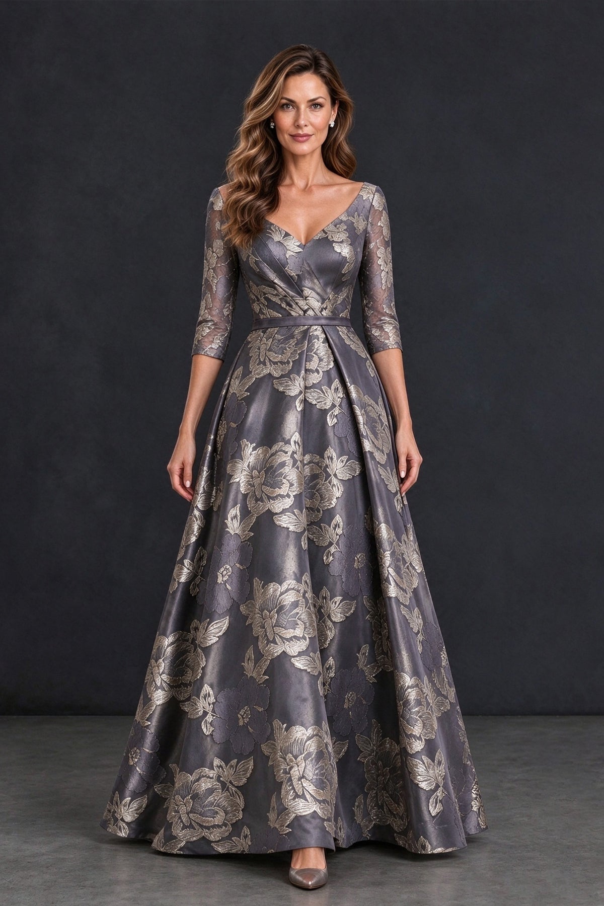 BOLODOO XX108 grey floral floor-length A-line gown, full front view showing pleated skirt