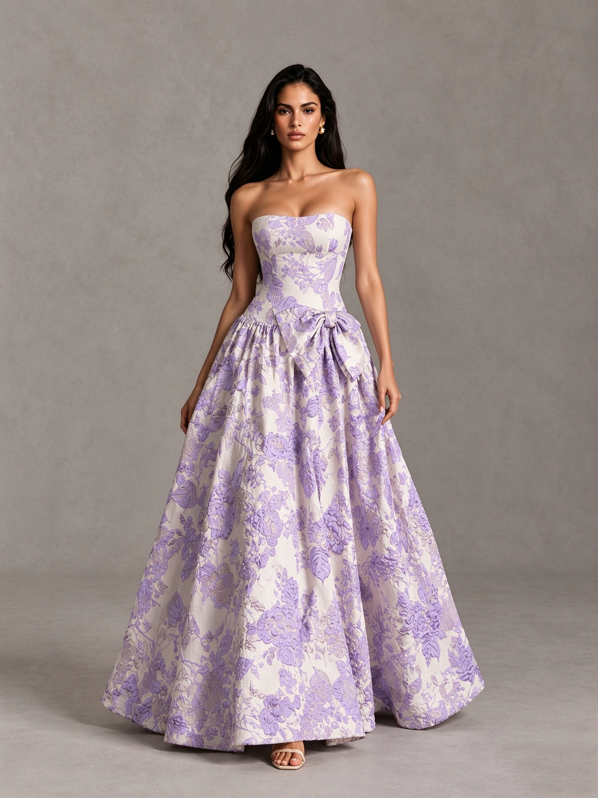 BOLODOO Lilac Floral Strapless Ball Gown Prom Dress with Bow 