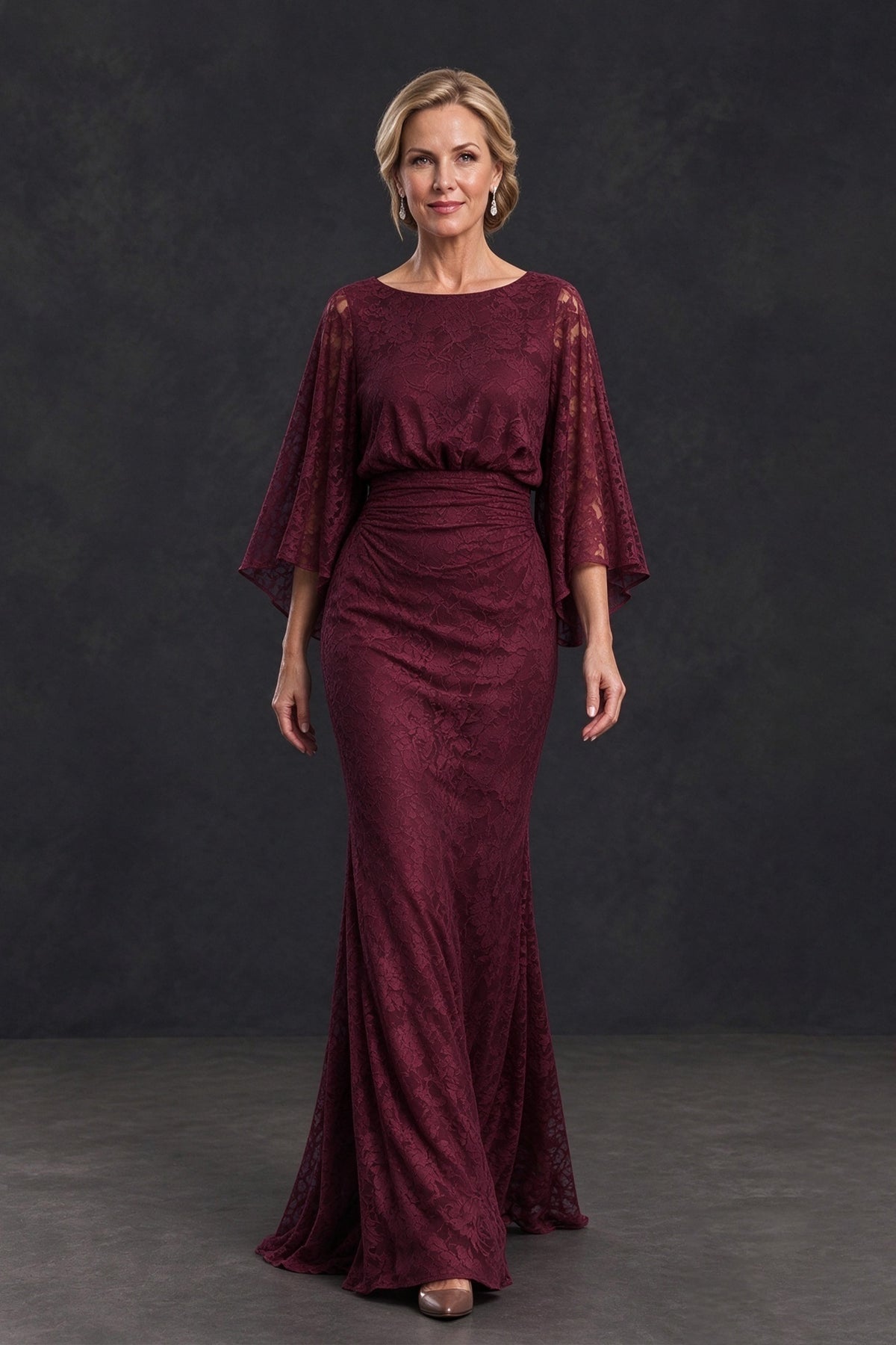 BOLODOO burgundy floral lace evening dress with flutter sleeves, walking front view