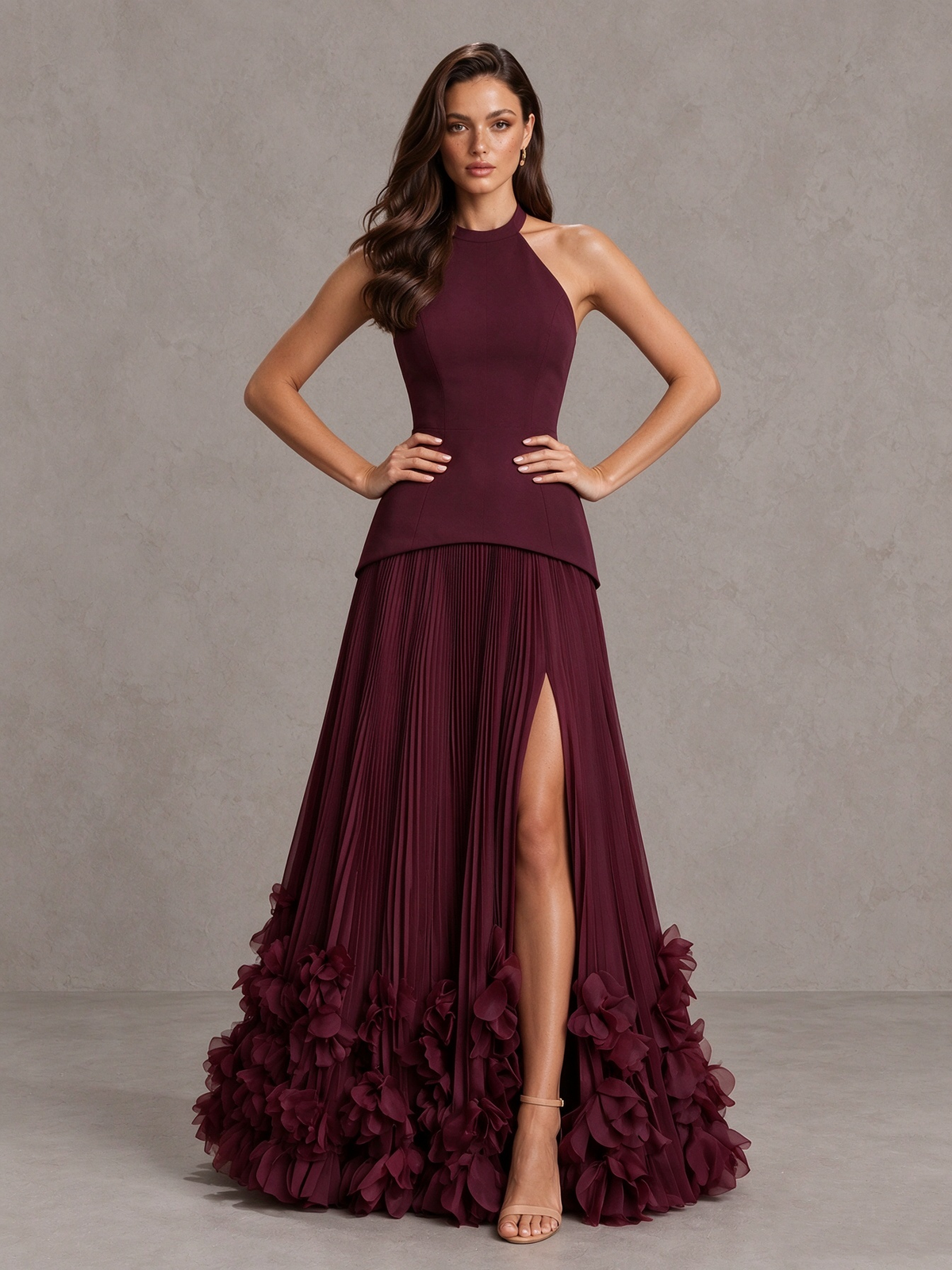 BOLODOO Burgundy Halter Neck Floor-Length Evening Gown with High Slit & 3D Floral Hem 