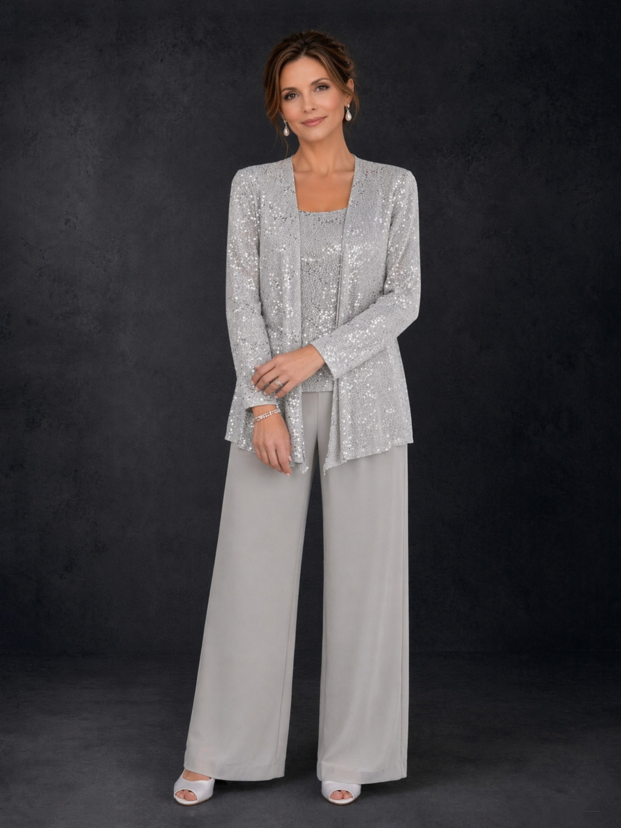 BOLODOO silver gray sequin lace 3-piece pant suit - back view