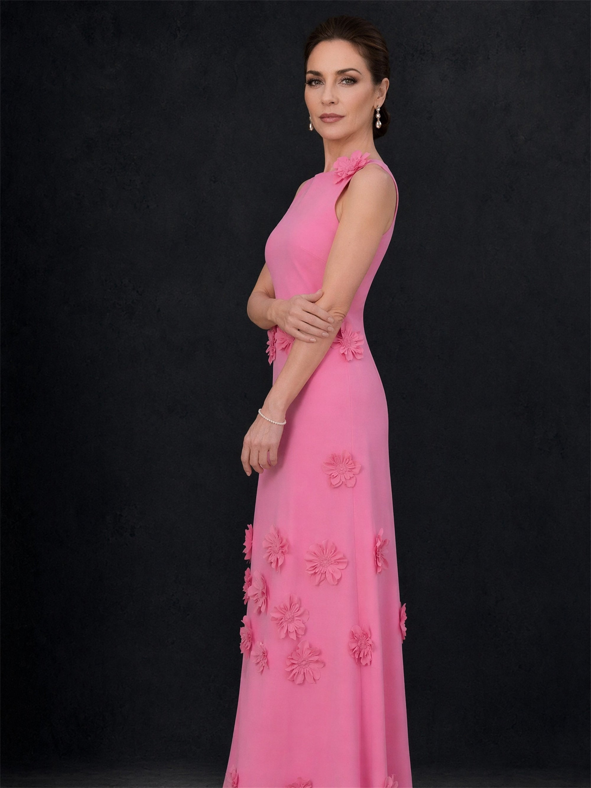 BOLODOO pink 3D floral appliqué sleeveless maxi dress - full length front view angle 2