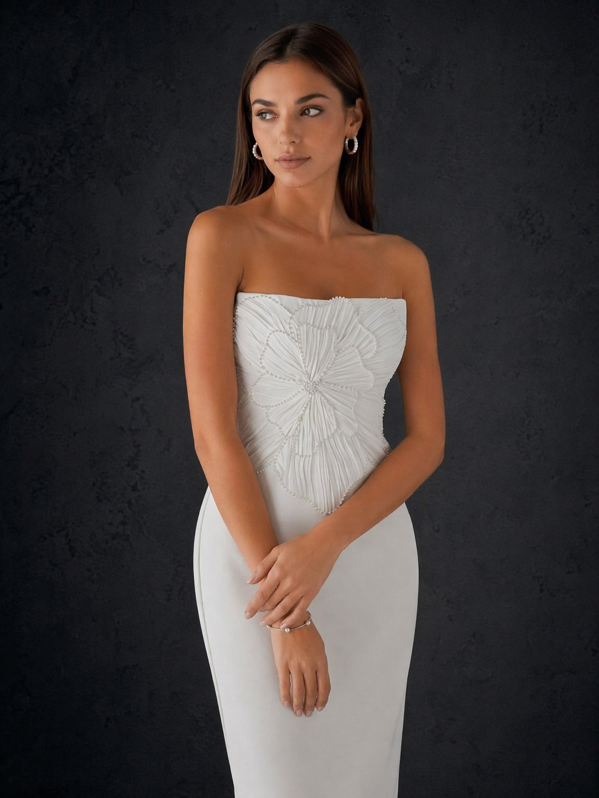 BOLODOO Ivory Strapless 3D Sculptural Petal Feather Embroidered Bodycon Midi Dress - Front Full Length Standing Side View
