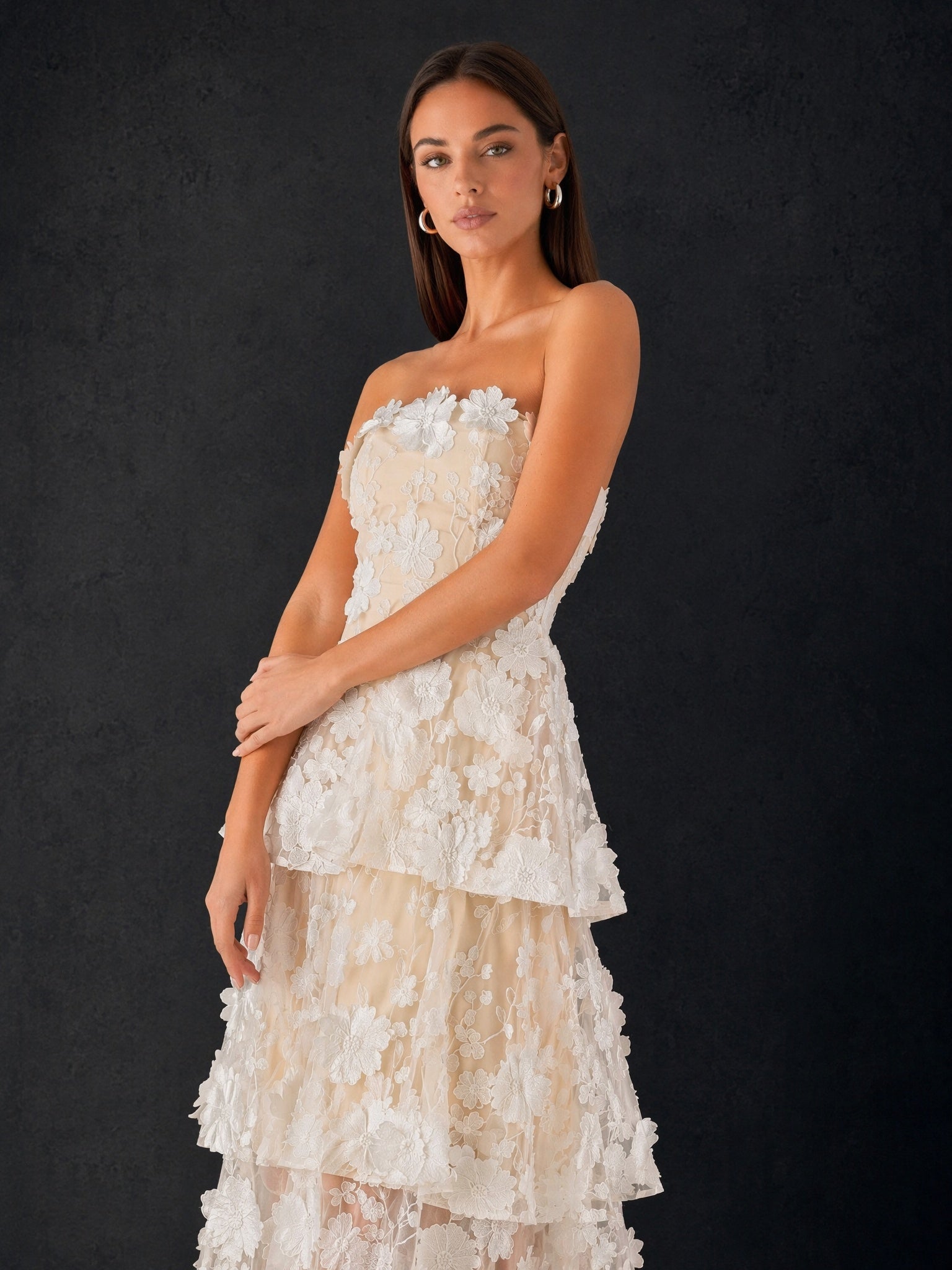 BOLODOO Champagne Ivory 3D Floral Lace Strapless Tiered Ruffle Tea Length Dress - Front Full Length Looking Down View
