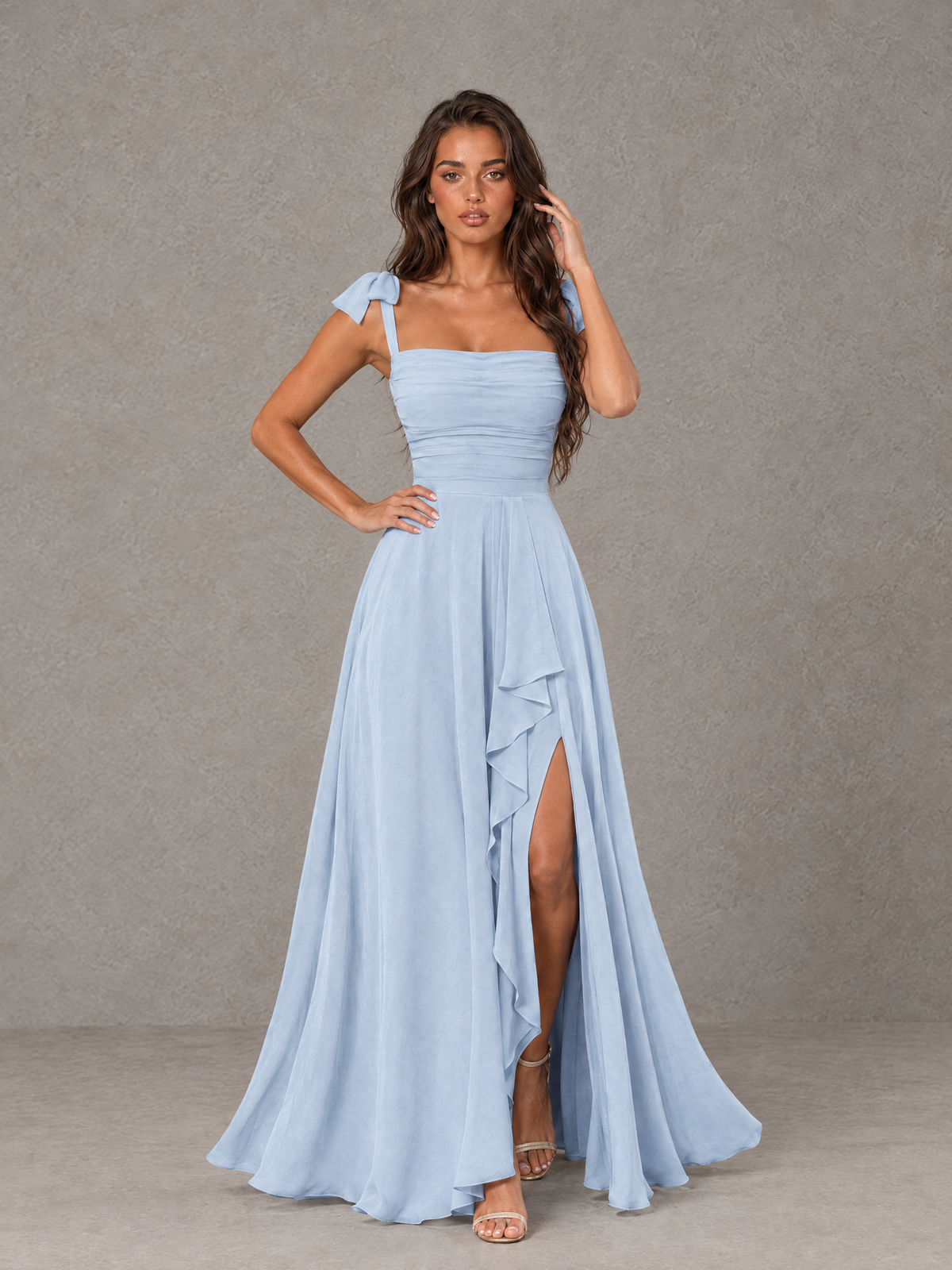 BOLODOO Light Blue Bow-Strap Bridesmaid Dress with Ruffle Slit 