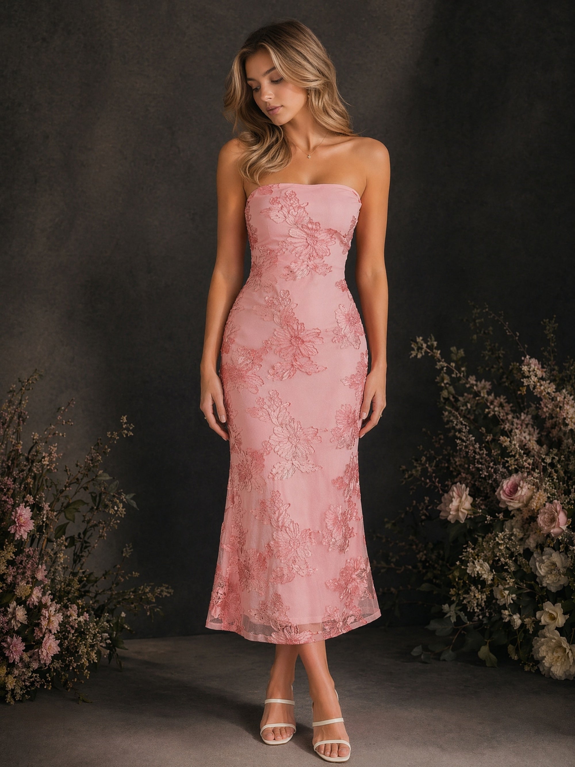 BOLODOO Rose Pink Floral Embroidered Mesh Strapless Open Back Bodycon Midi Dress - Front Full Length Walking View