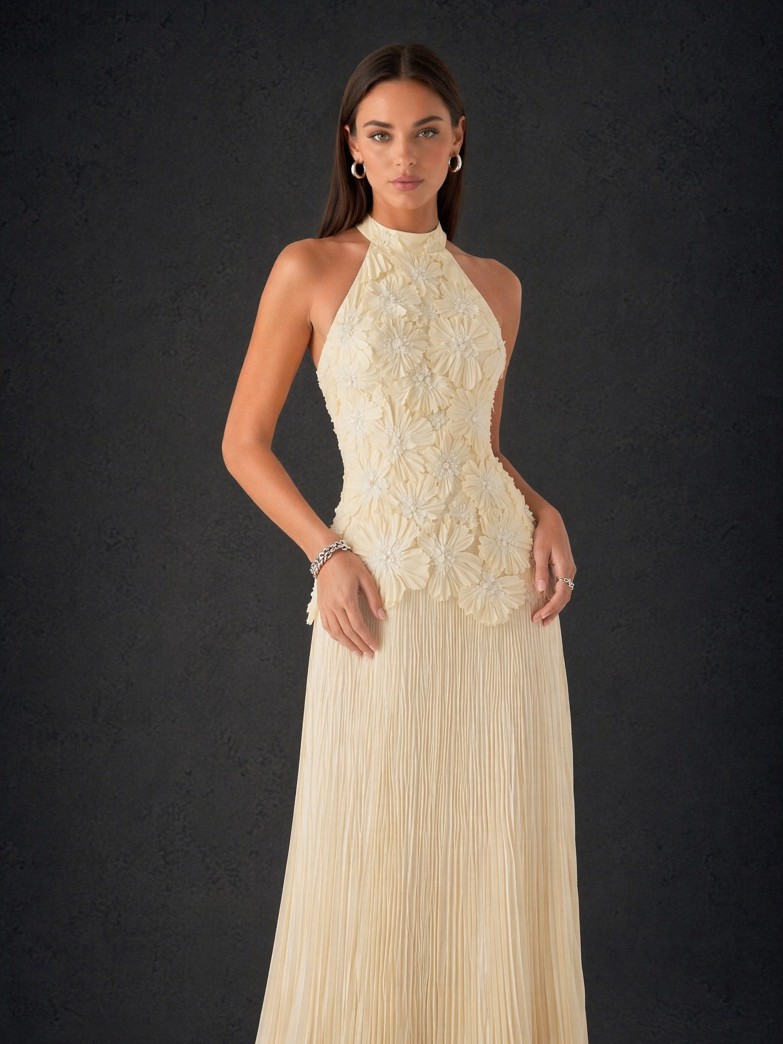 BOLODOO cream ivory 3D floral halter neck pleated chiffon backless maxi dress - front three-quarter view