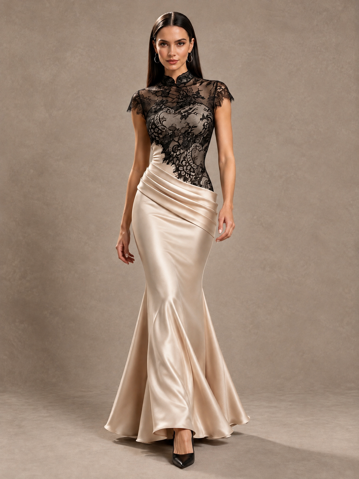 BOLODOO Black Lace Champagne Satin Mermaid Wedding Guest Dress 
