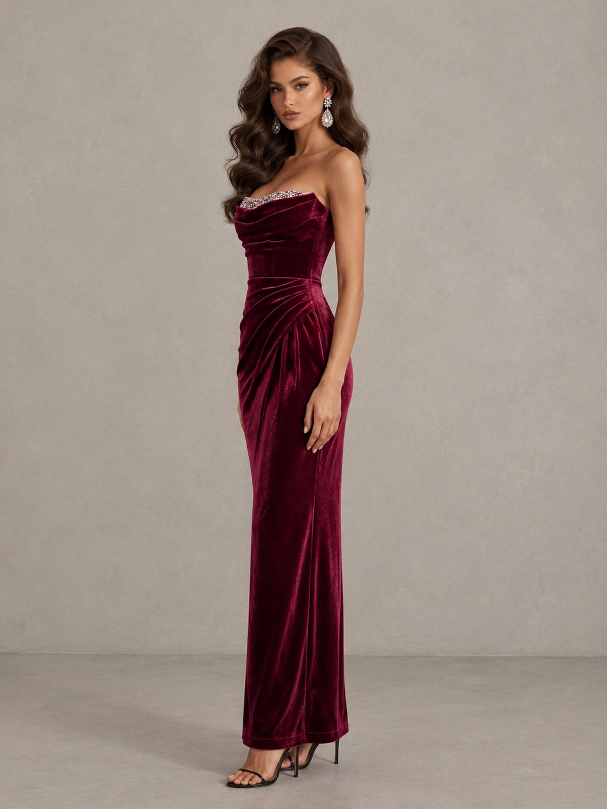 BOLODOO Burgundy Strapless Velvet Cocktail Maxi Dress 
