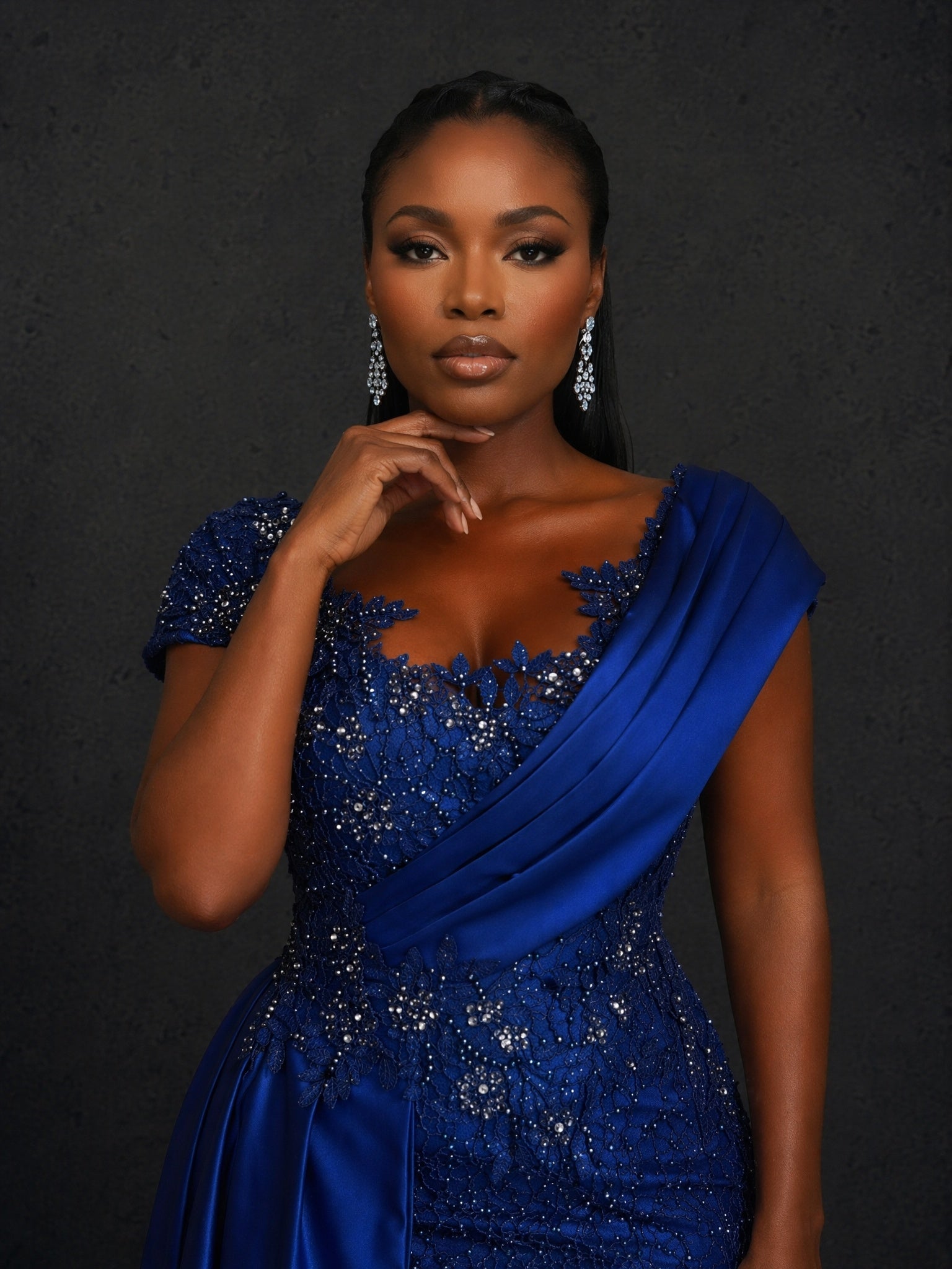 BOLODOO royal blue sequin lace cap sleeve mermaid maxi dress - full length front view relaxed pose showing slit