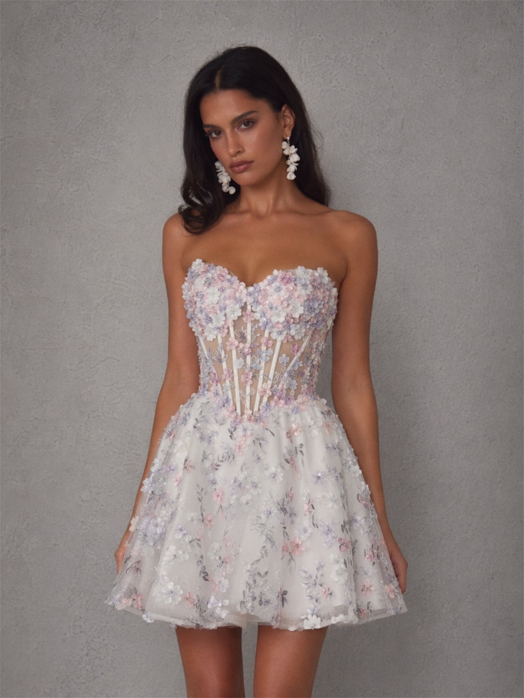BOLODOO white lavender 3D floral boned corset mini dress - back full length view showing lace-up criss-cross open back and full tulle skirt