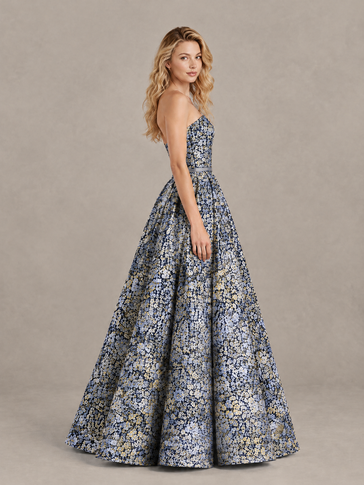 BOLODOO Blue Grey Floral Strapless A-Line Evening Gown 